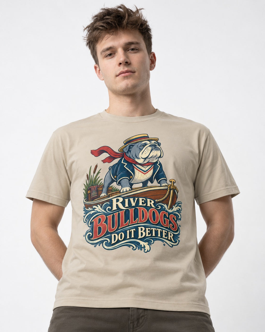 River English Bulldog Does It Better T-Shirt in Sand, worn by a model