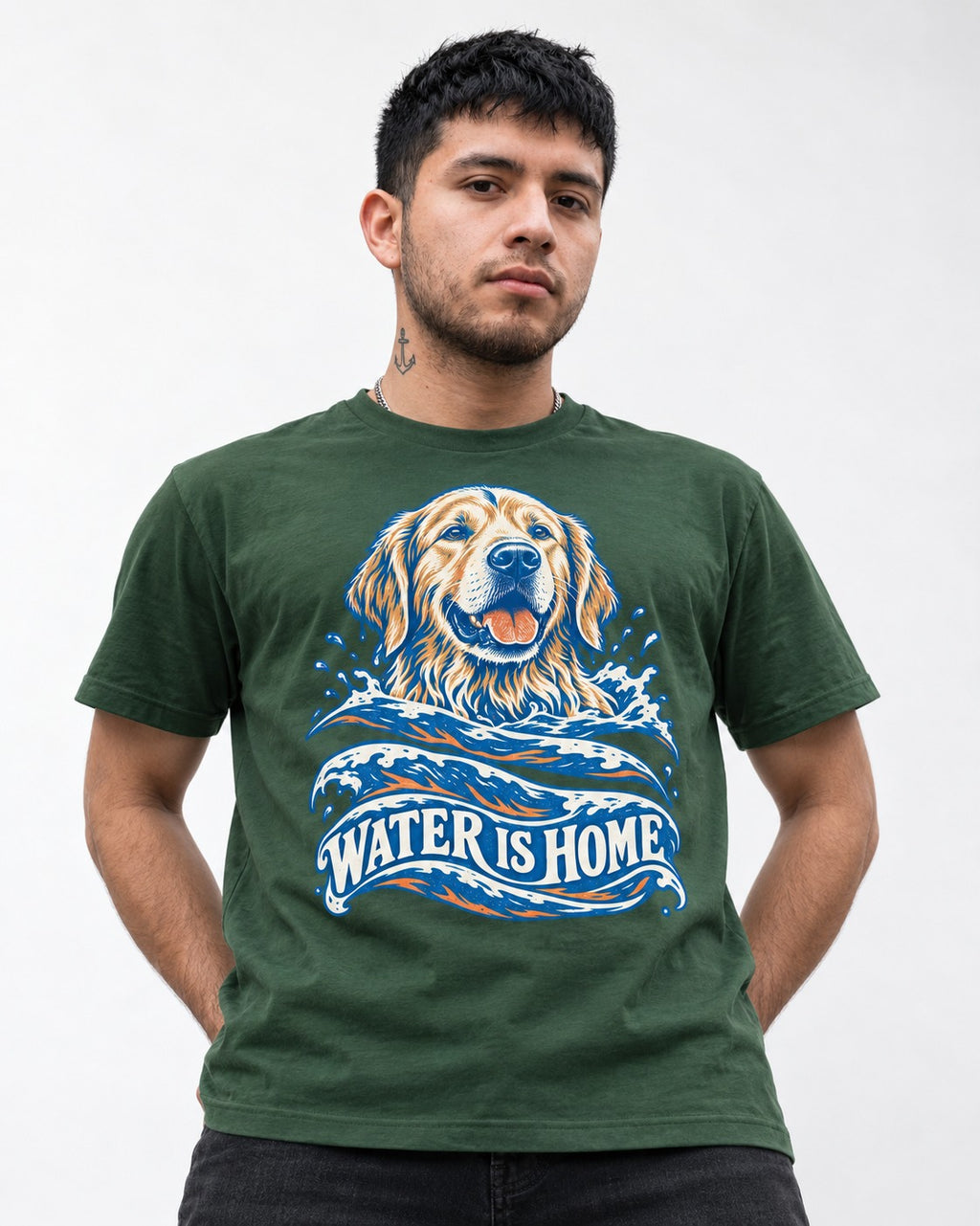 Golden Retriever Water Is Home Ocean Wave Graphic T-Shirt in Forest Green, worn by a model