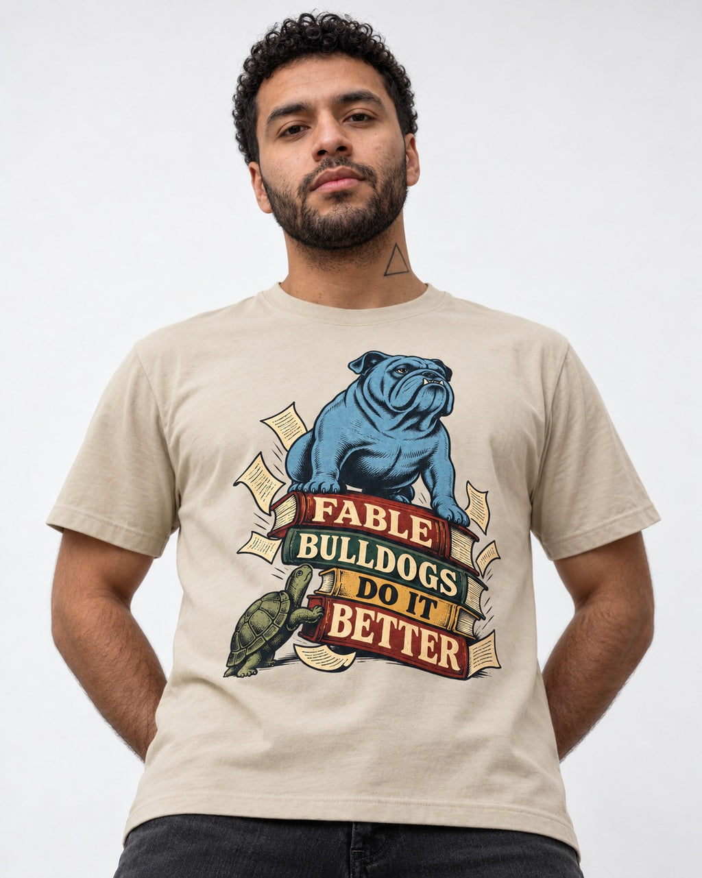 English Bulldog Does It Better T-Shirt in Sand, worn by a model