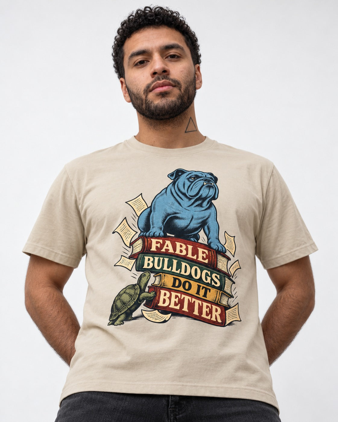 English Bulldog Does It Better T-Shirt in Sand, worn by a model