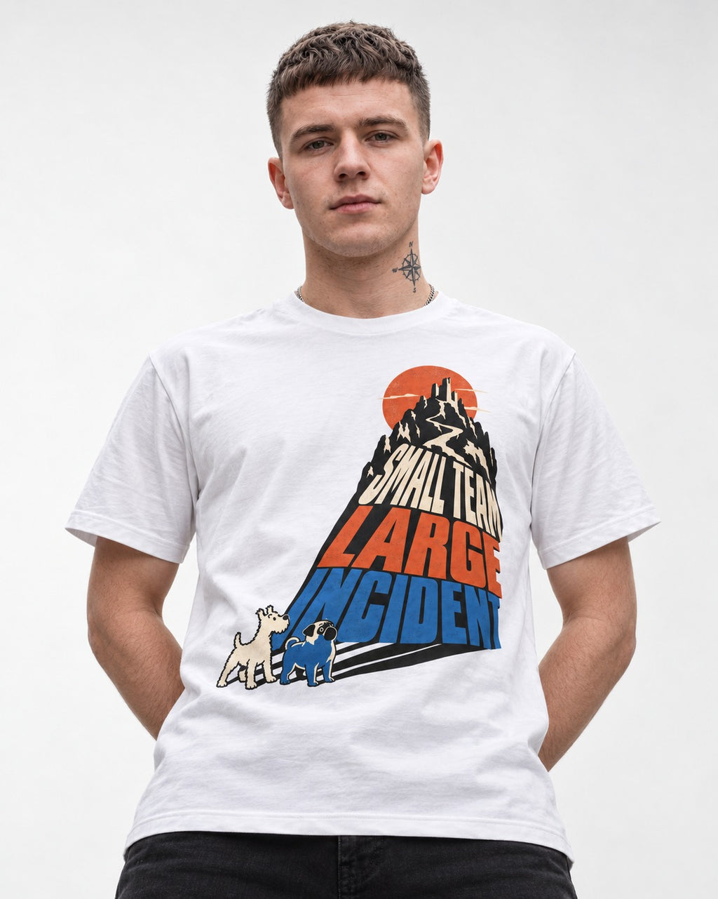 Pug Small Team Large Incident Mountain Graphic T-Shirt in White, worn by a model