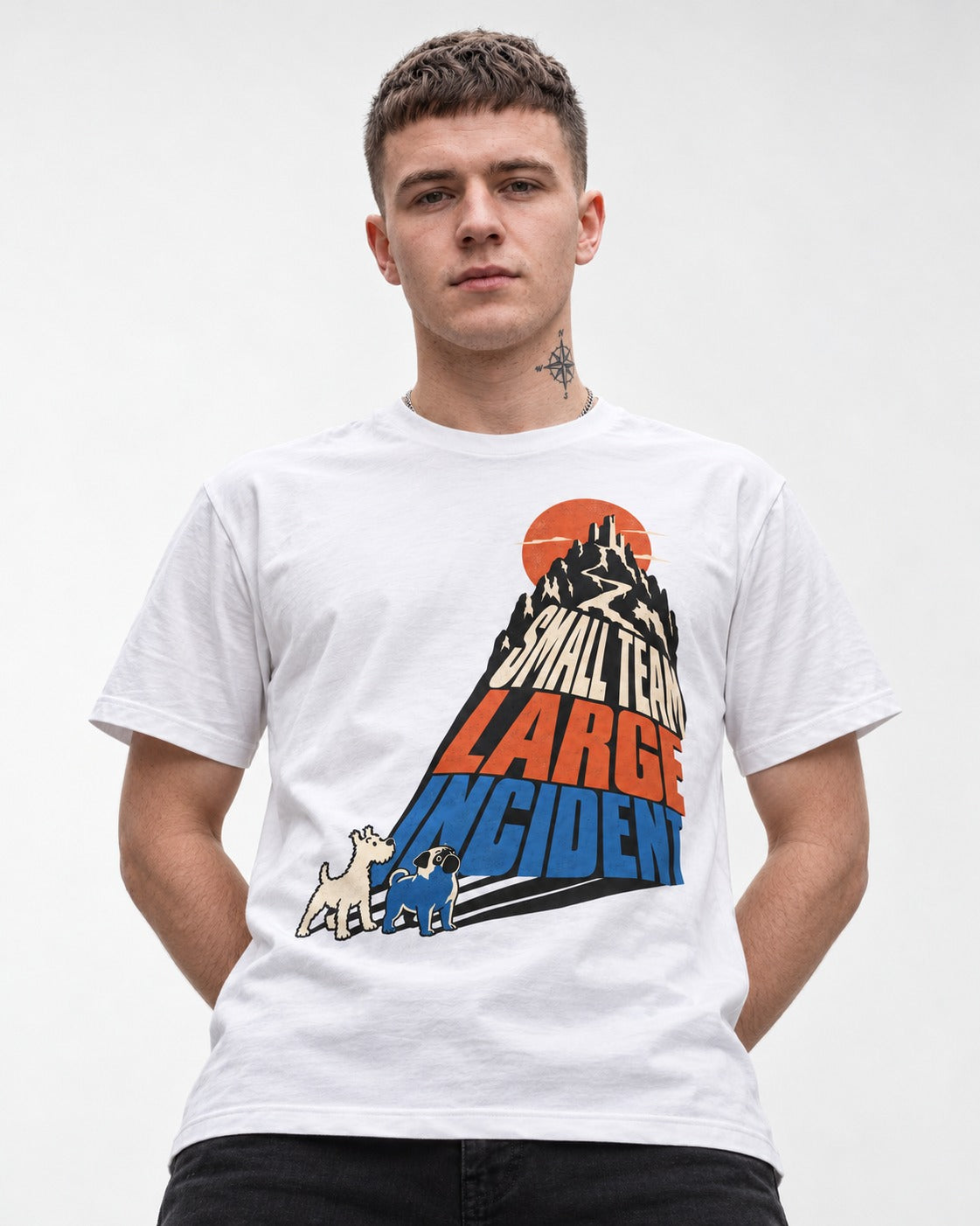 Pug Small Team Large Incident Mountain Graphic T-Shirt in White, worn by a model