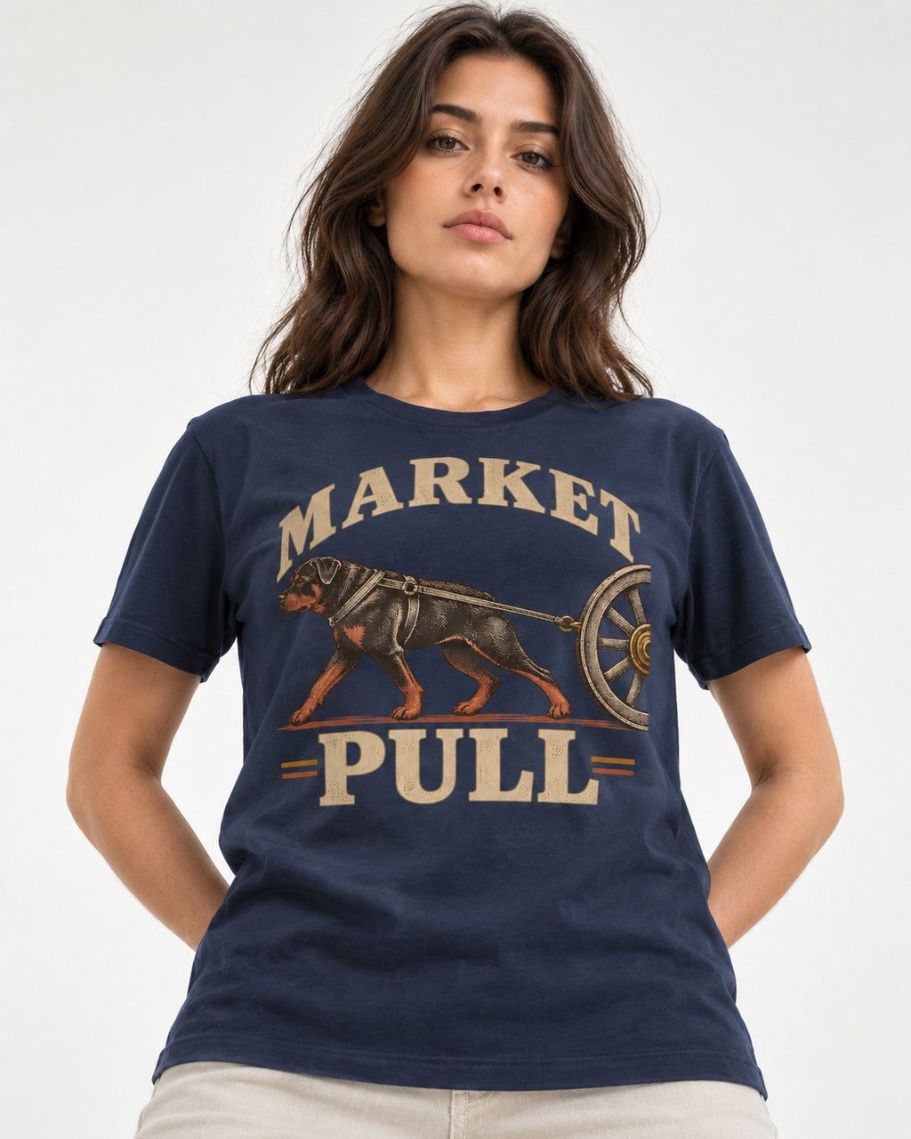 Market Pull Rottweiler Cart Harness Graphic T-Shirt in Navy, worn by a model