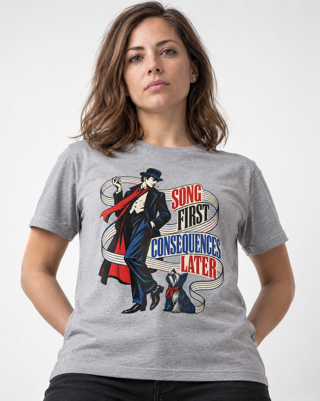Yorkshire Terrier Song First Consequences Later T-Shirt in Sport Grey, worn by a model