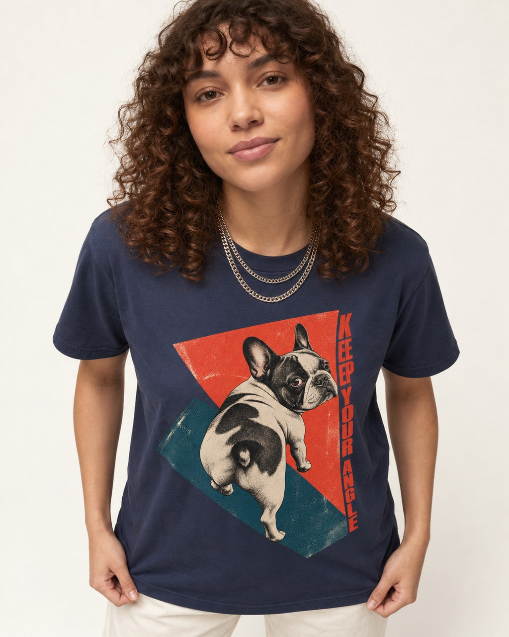 Frenchie Keep Your Angle Geometric Graphic T-Shirt in Navy, worn by a model