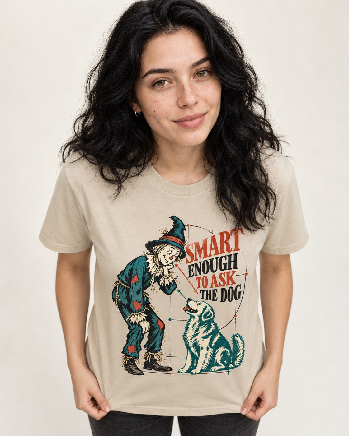 Ask the Golden Retriever T-Shirt in Sand, worn by a model