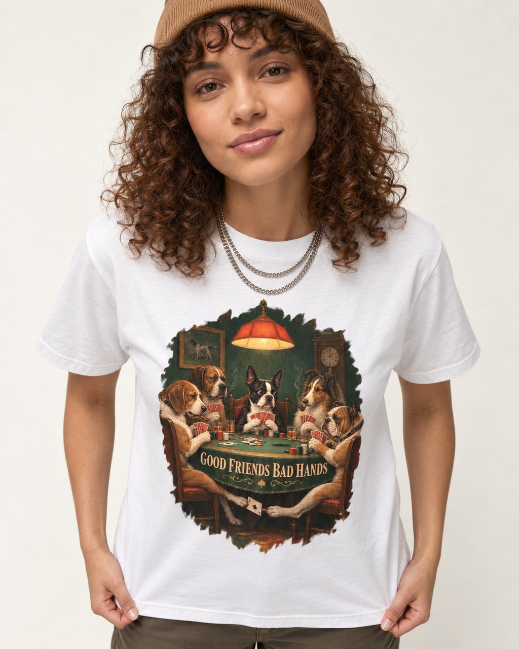 Good Friends Bad Hands Boston Terrier Poker Night T-Shirt in White, worn by a model