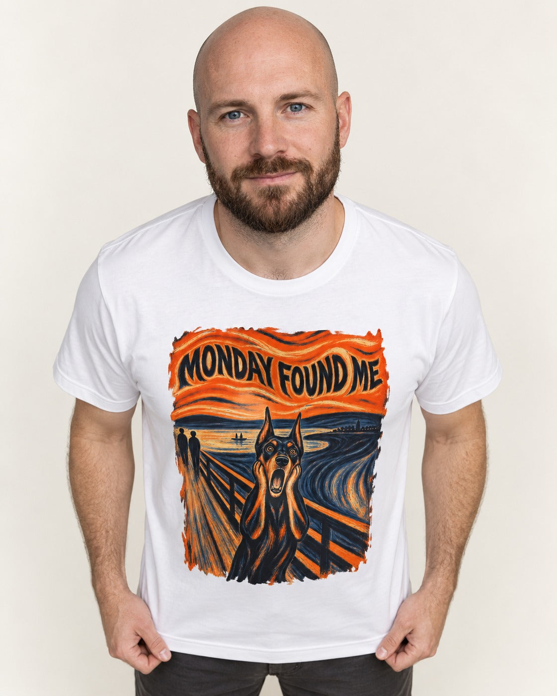 Doberman Monday Found Me Scream Graphic T-Shirt in White, worn by a model