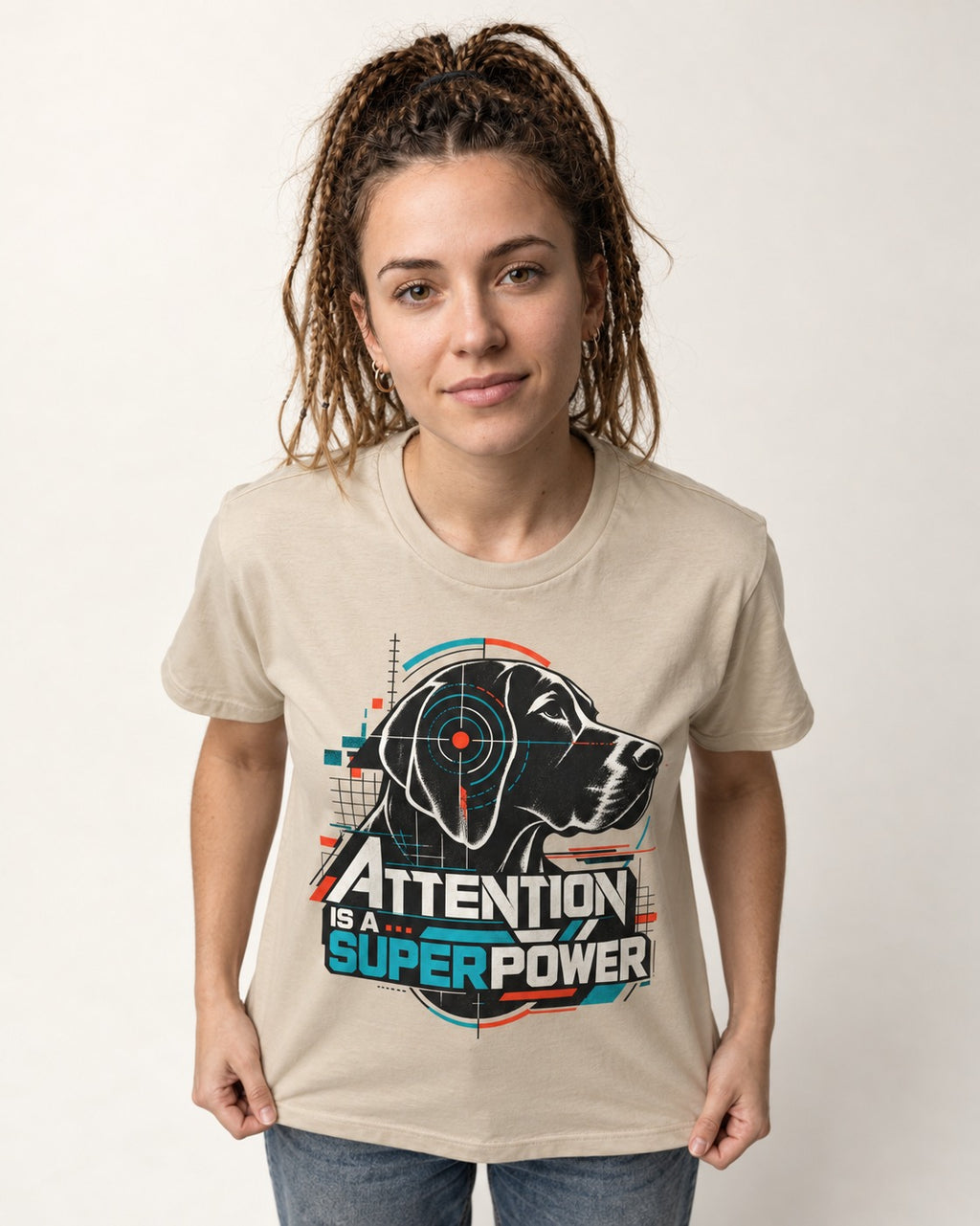 German Shorthaired Pointer Attention Is a Superpower T-Shirt in Sand, worn by a model