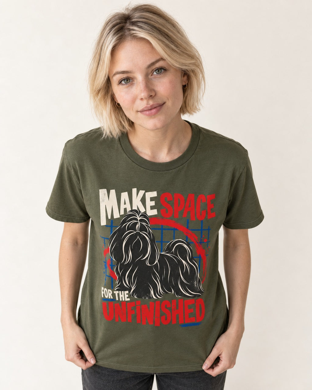 Shih Tzu Make Space for the Unfinished Abstract Circle Graphic T-Shirt in Heather Military Green, worn by a model