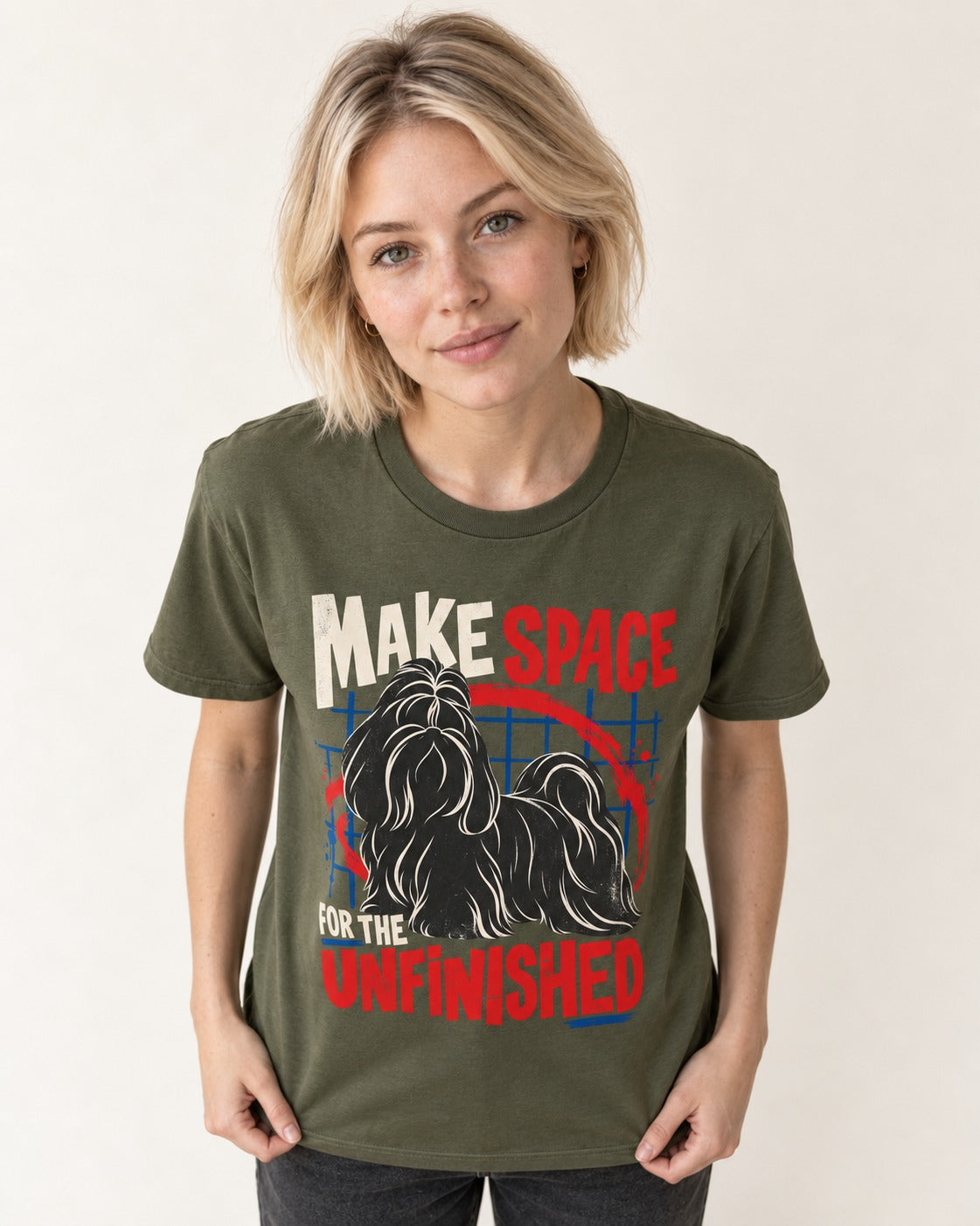 Shih Tzu Make Space for the Unfinished Abstract Circle Graphic T-Shirt in Heather Military Green, worn by a model