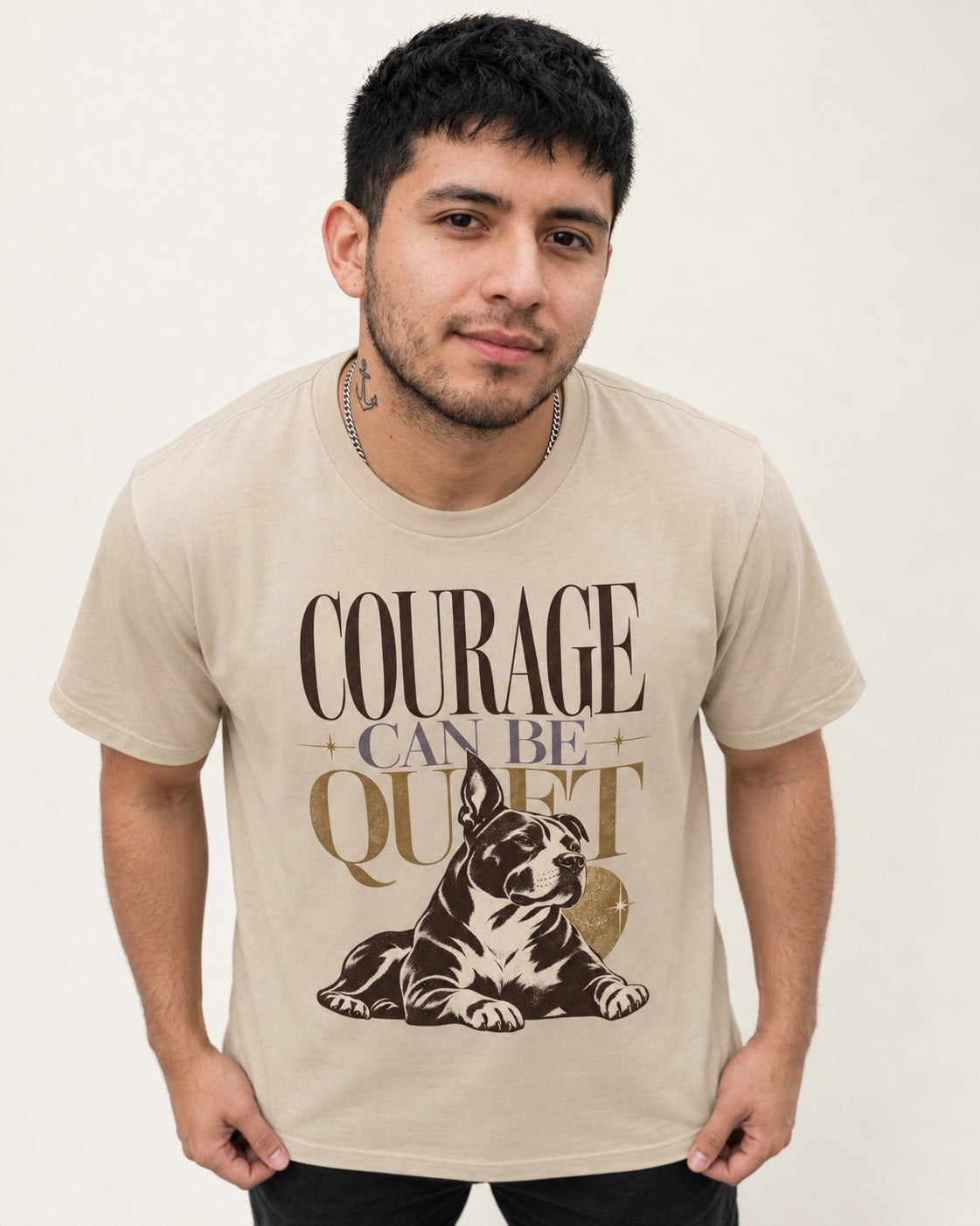 Pitbull Courage Can Be Quiet T-Shirt in Sand, worn by a model