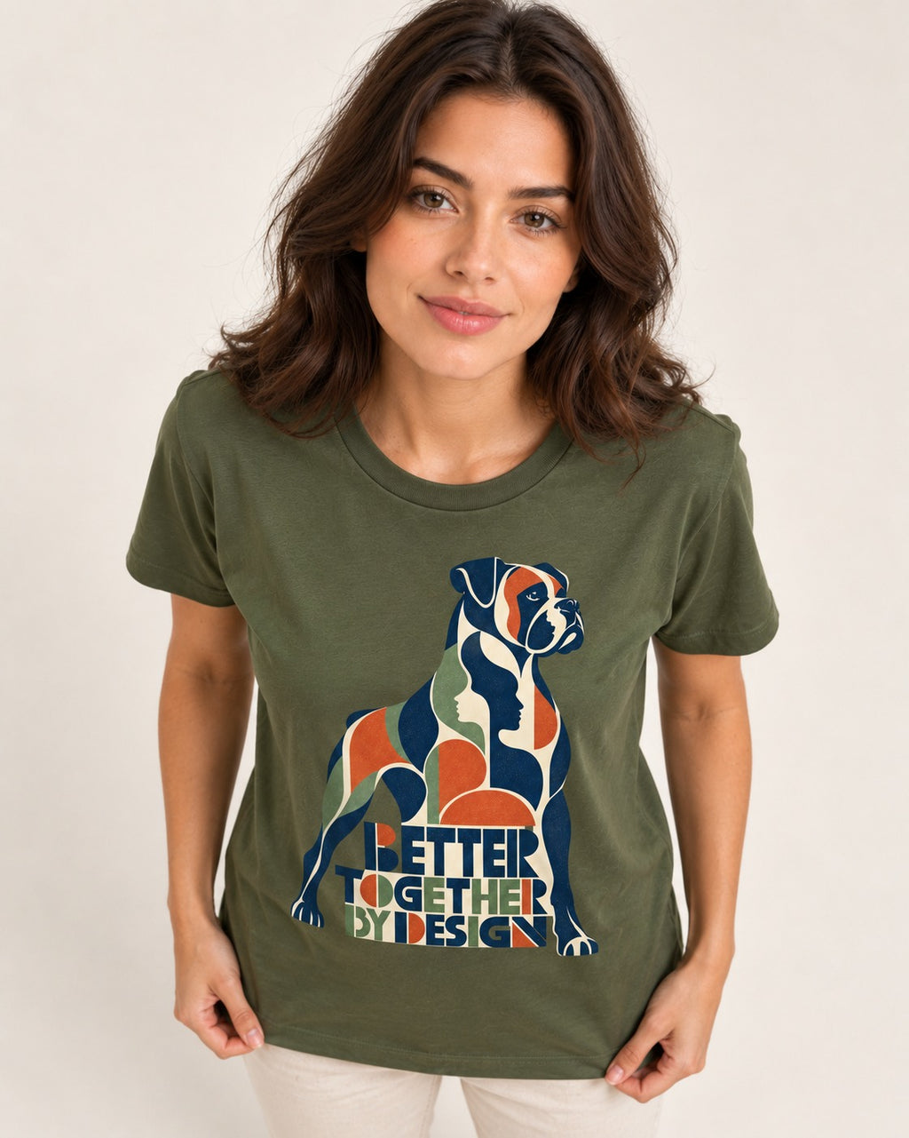 Better Together By Design Boxer Geometric Mosaic T-Shirt in Heather Military Green, worn by a model