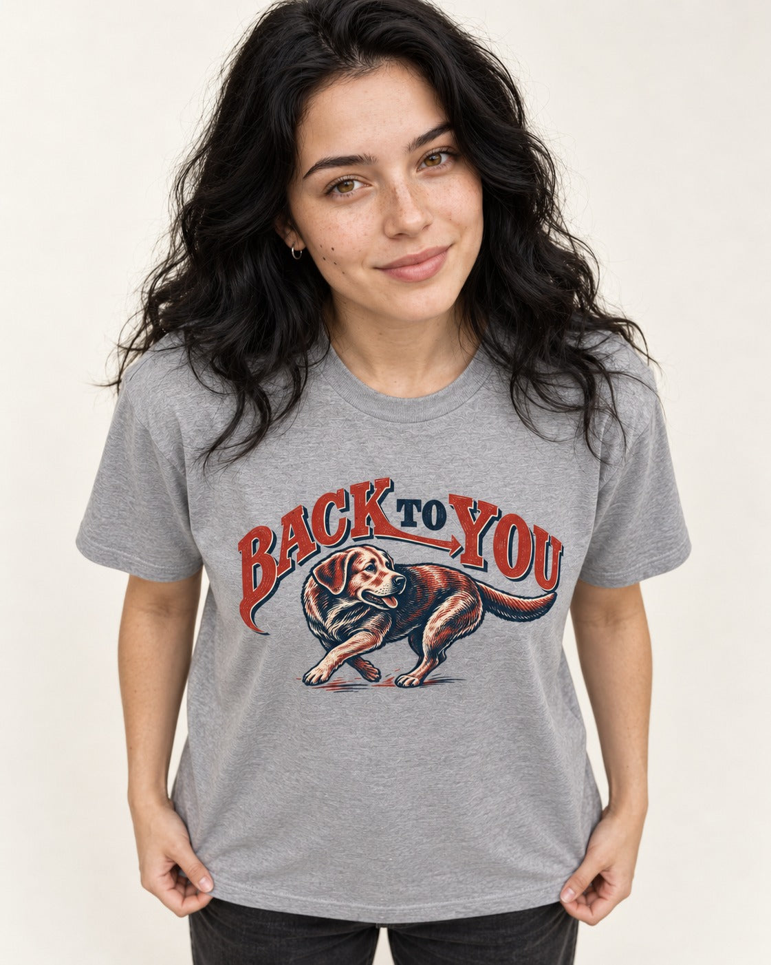 Labrador Retriever Back to You Turning Graphic T-Shirt in Sport Grey, worn by a model