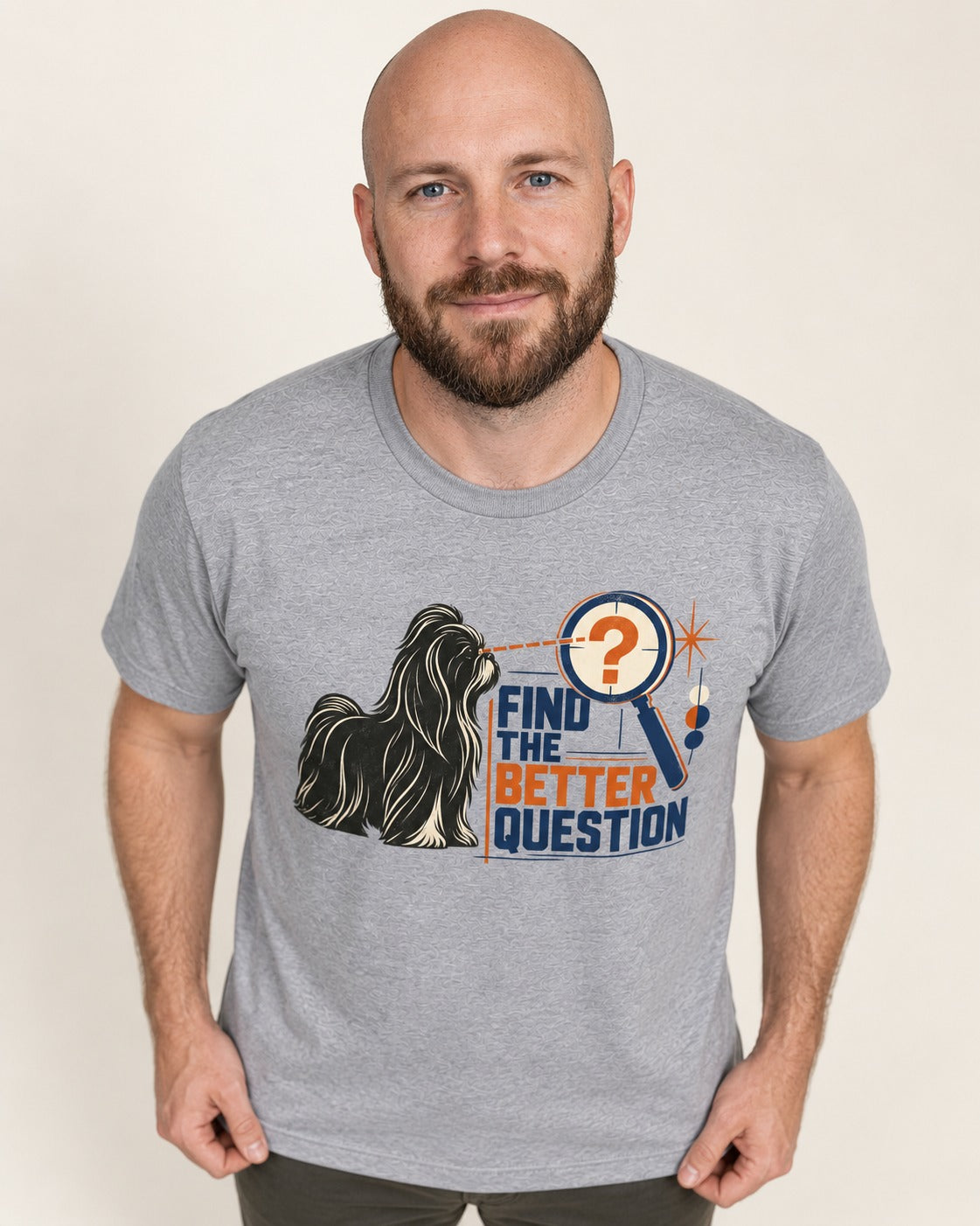 Find the Better Question Shih Tzu T-Shirt in Sport Grey, worn by a model