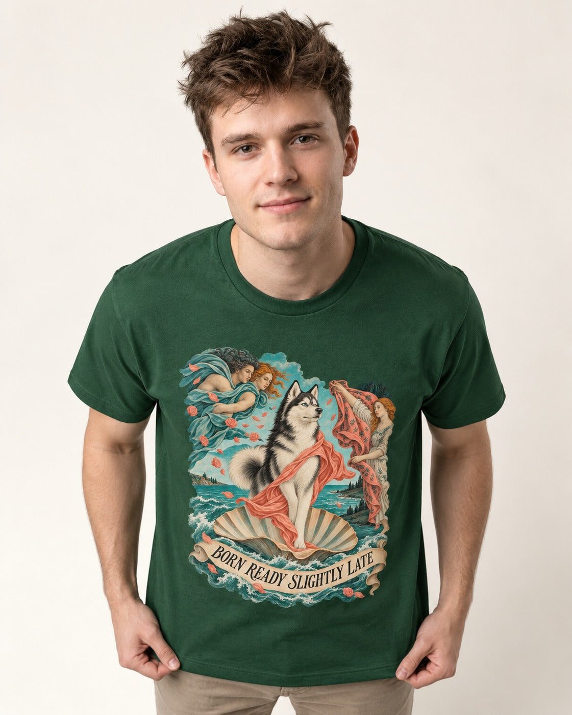 Husky Born Ready Slightly Late Renaissance Graphic T-Shirt in Forest Green, worn by a model
