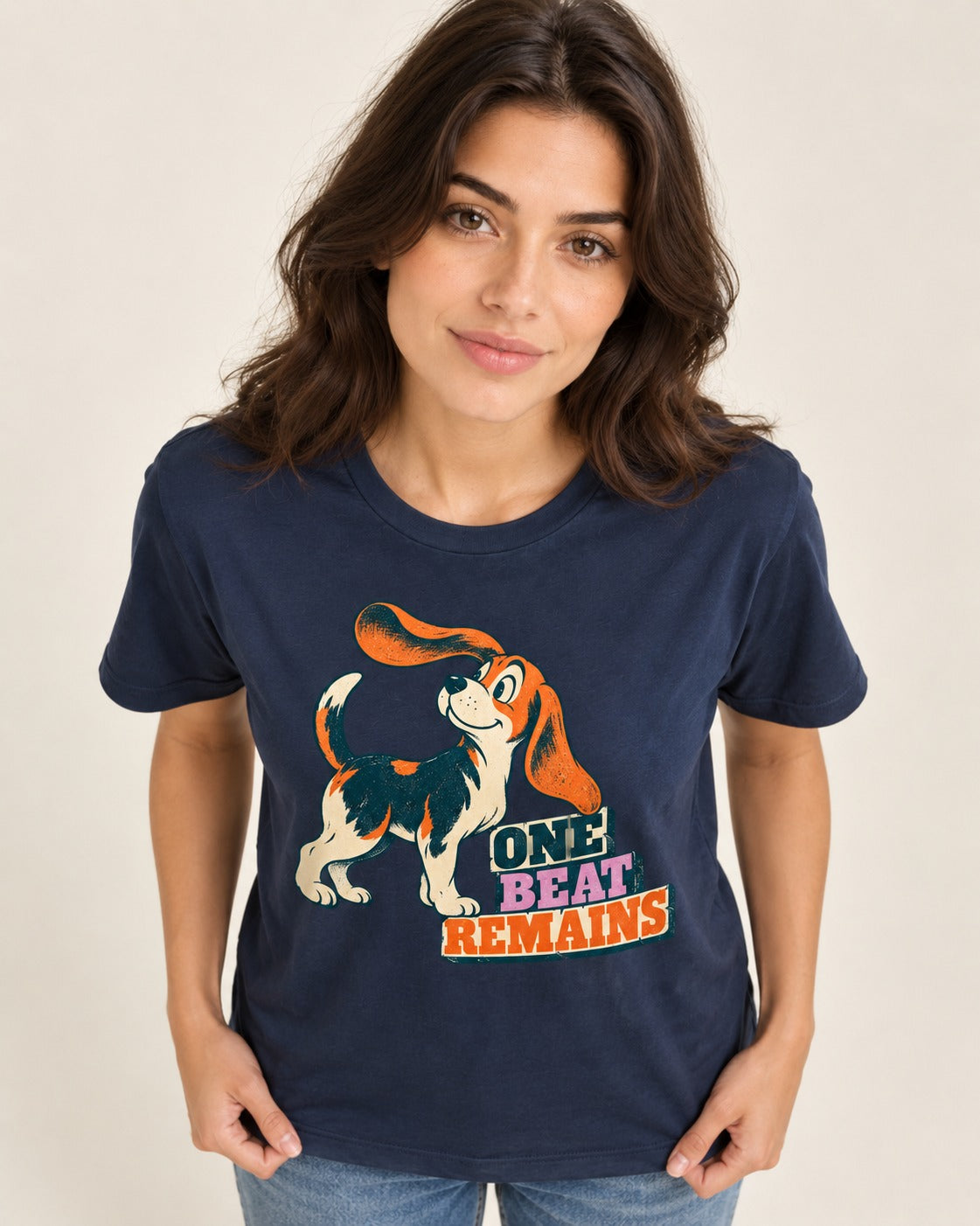 Retro Beagle One Beat Remains T-Shirt in Navy, worn by a model