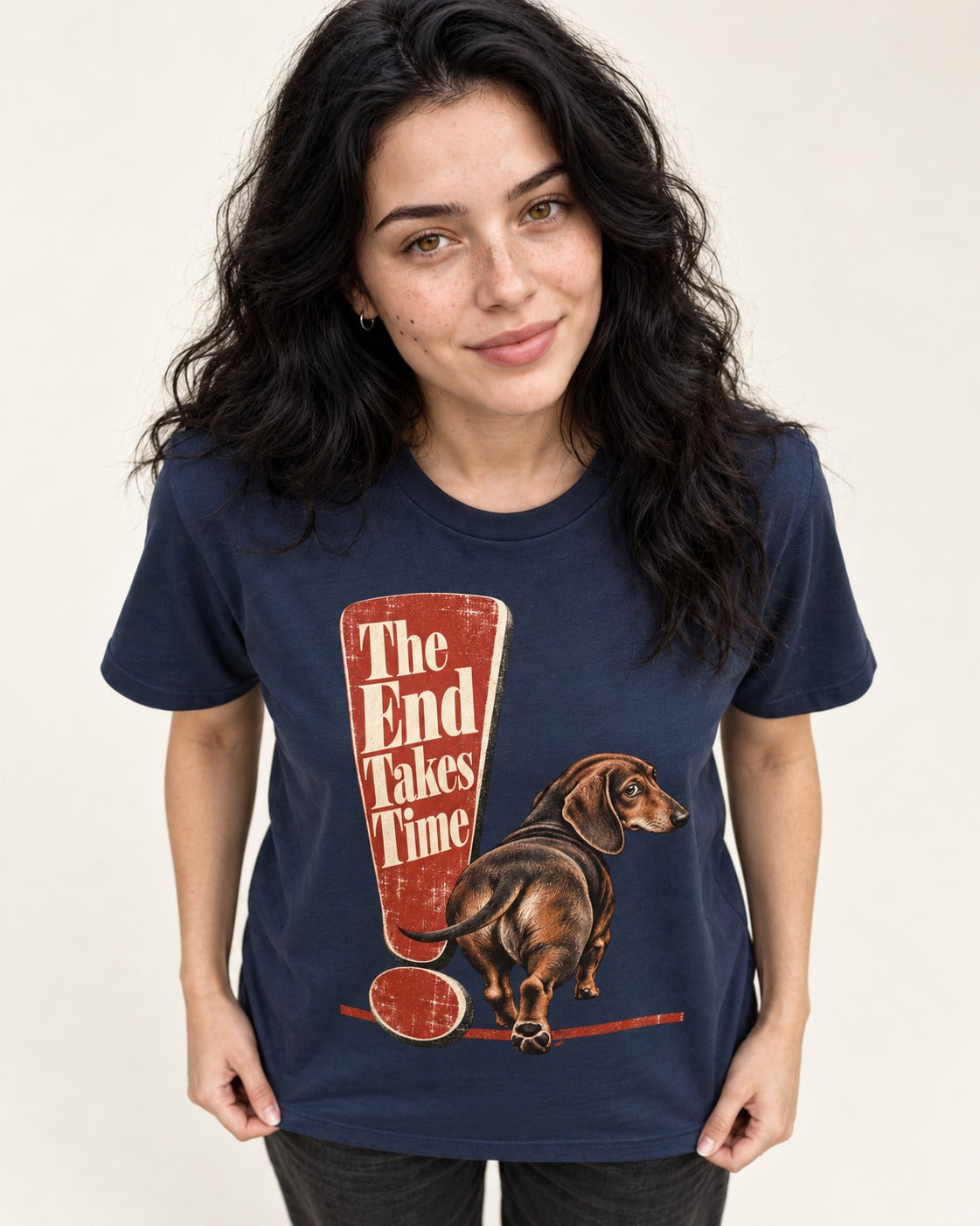 Dachshund The End Takes Time Exclamation Mark Graphic T-Shirt in Navy, worn by a model