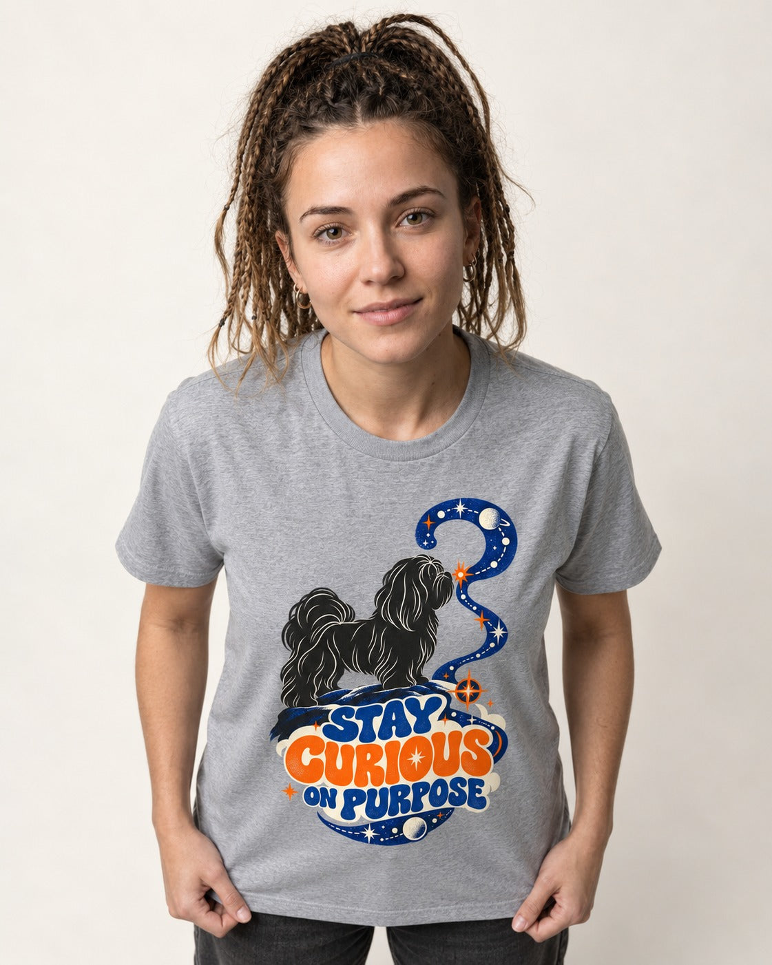Stay Curious on Purpose Shih Tzu T-Shirt in Sport Grey, worn by a model