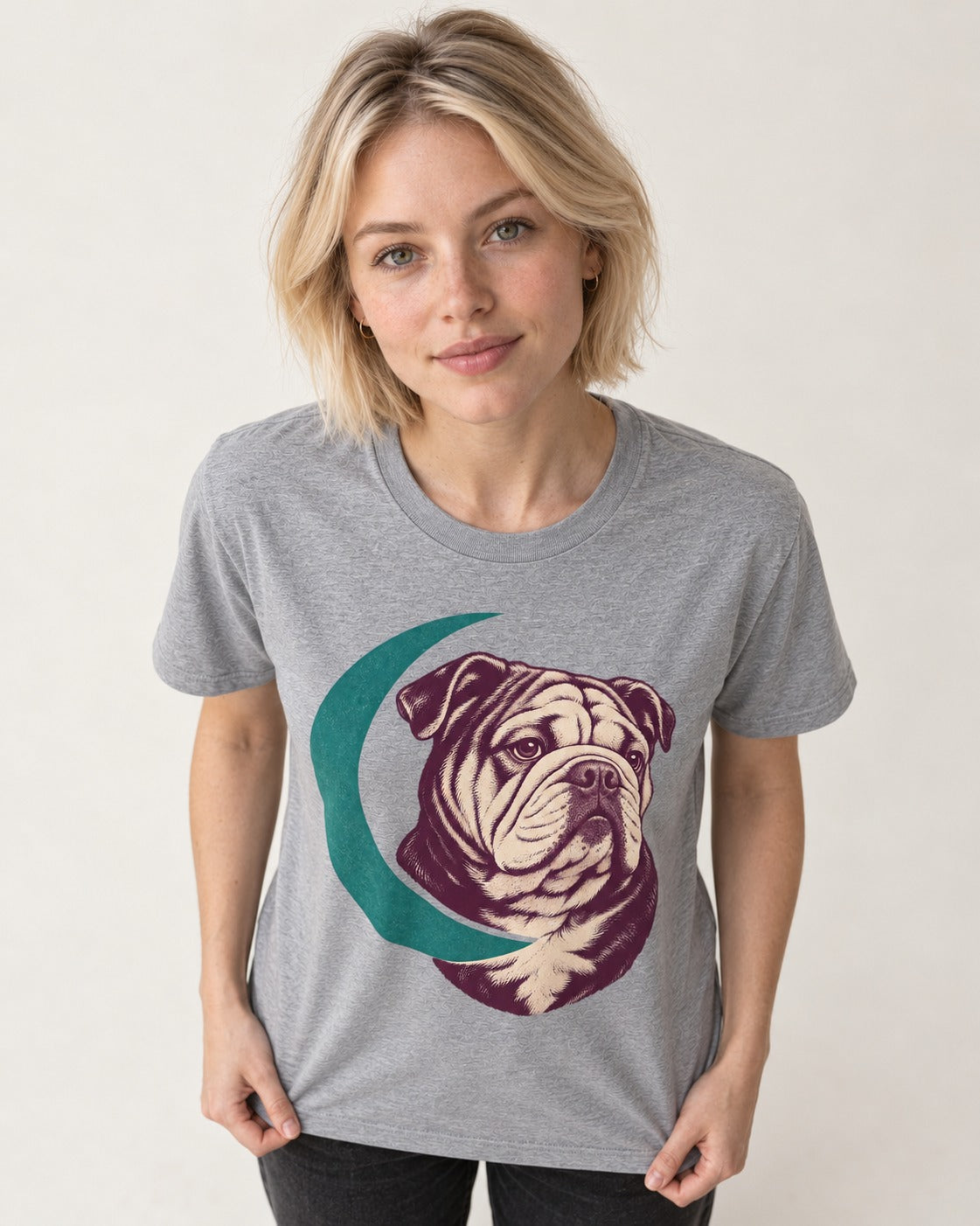 Moonstruck English Bulldog T-Shirt in Sport Grey, worn by a model