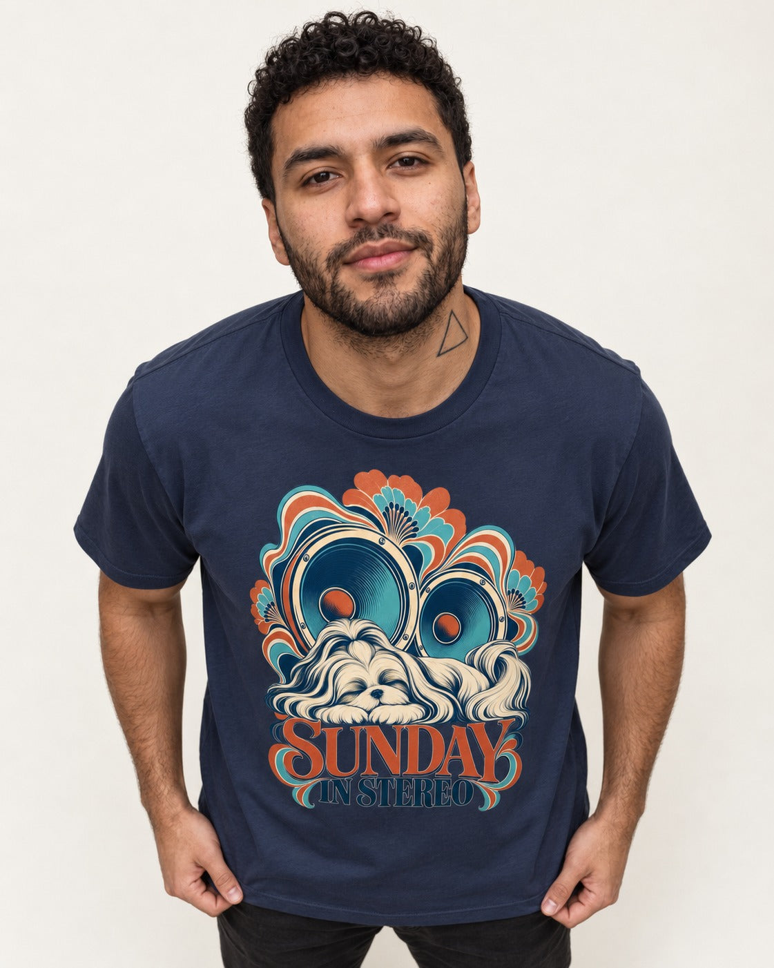 Shih Tzu Sunday in Stereo Retro Speaker Graphic T-Shirt in Navy, worn by a model
