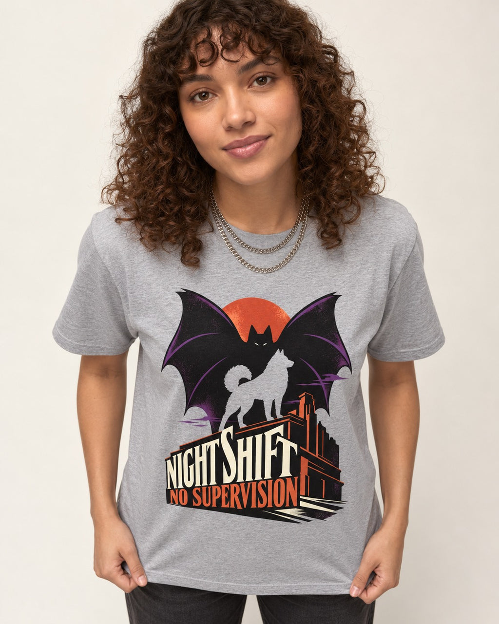 Husky Night Shift No Supervision T-Shirt in Sport Grey, worn by a model