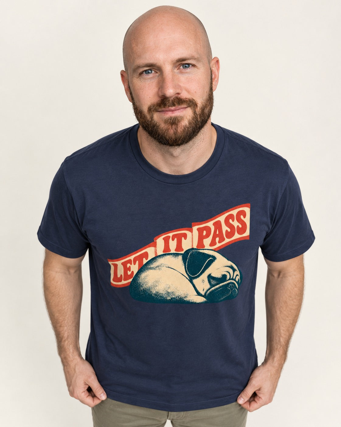 Pug Let It Pass Sleeping Banner Graphic T-Shirt in Navy, worn by a model