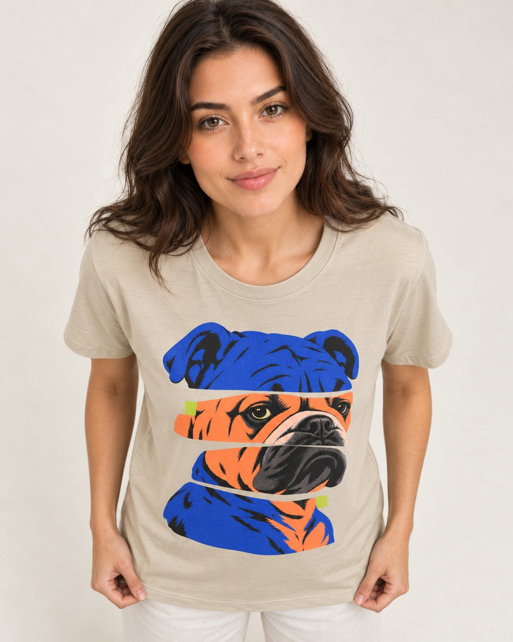 English Bulldog Unbreakable T-Shirt in Sand, worn by a model