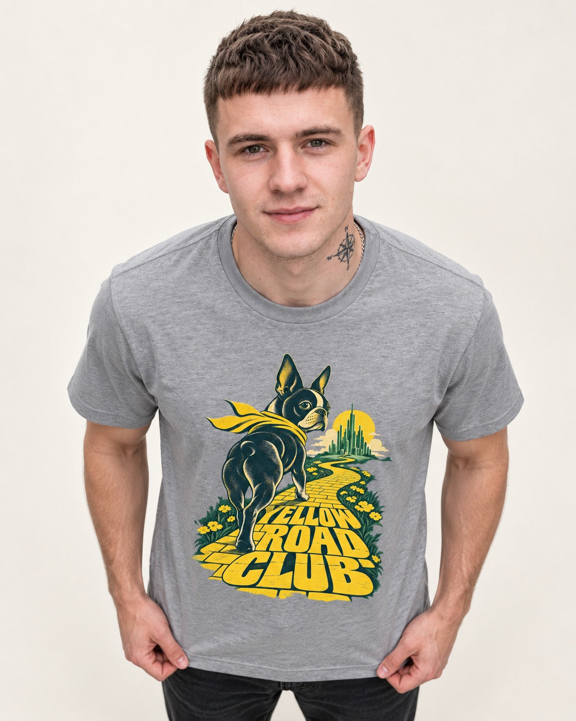 Boston Terrier Yellow Road Club T-Shirt in Sport Grey, worn by a model