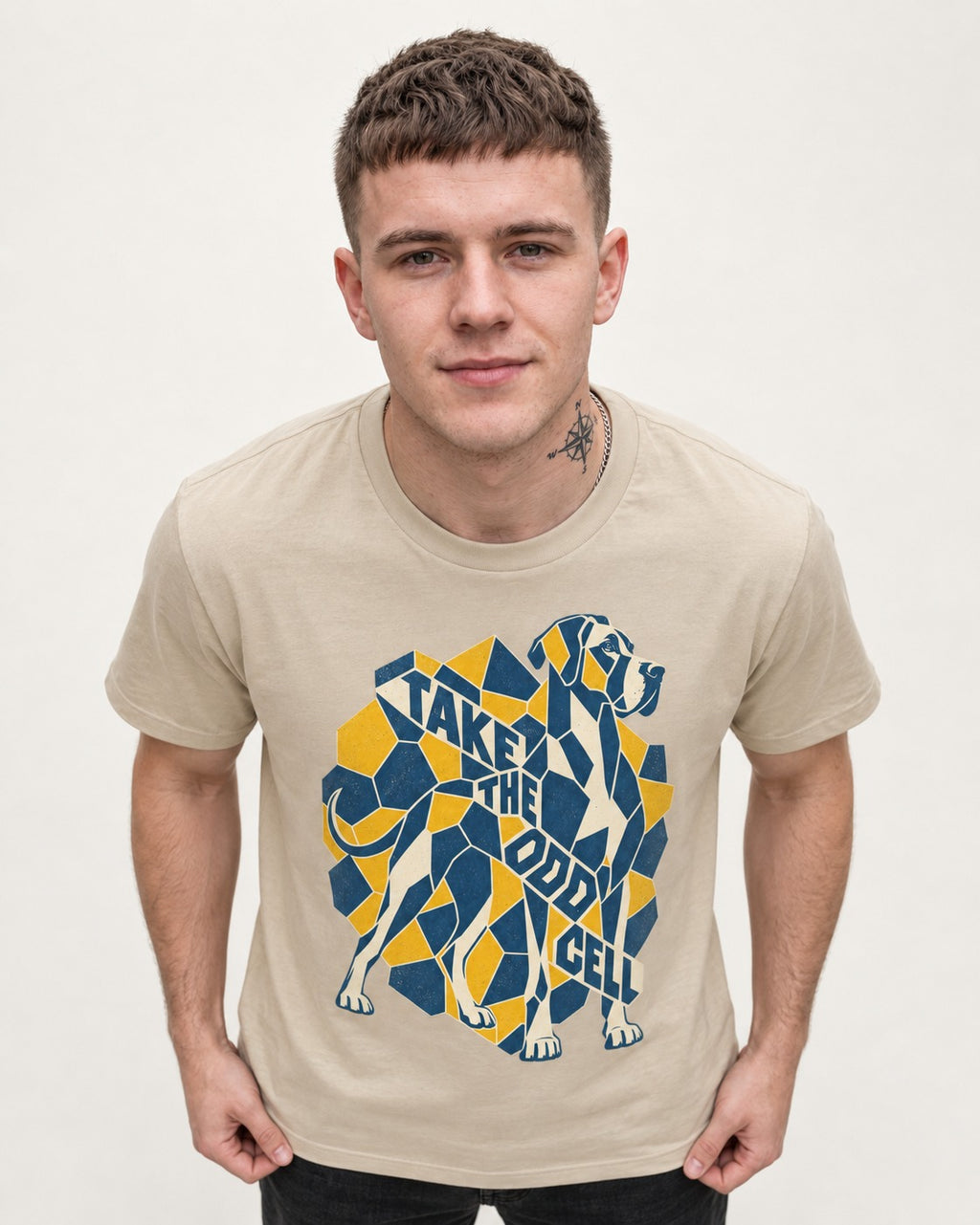 Take the Odd Cell Great Dane T-Shirt in Sand, worn by a model
