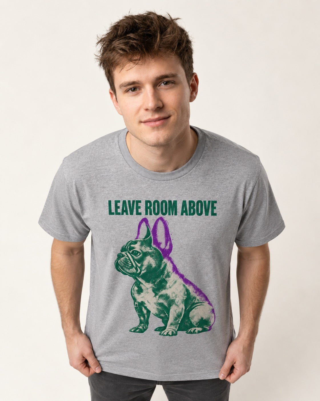 Leave Room Above Frenchie T-Shirt in Sport Grey, worn by a model
