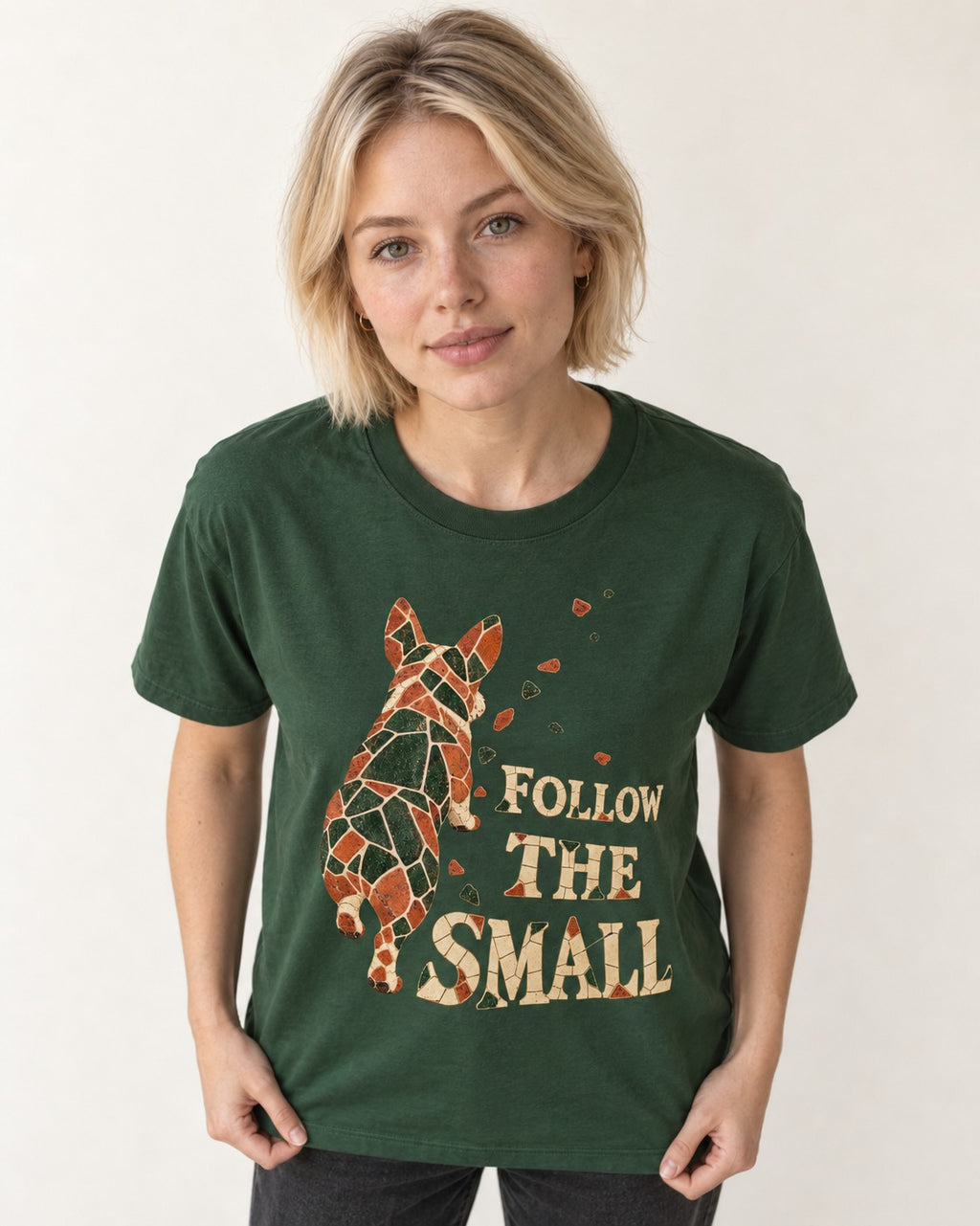 Corgi Follow the Small Mosaic T-Shirt in Forest Green, worn by a model