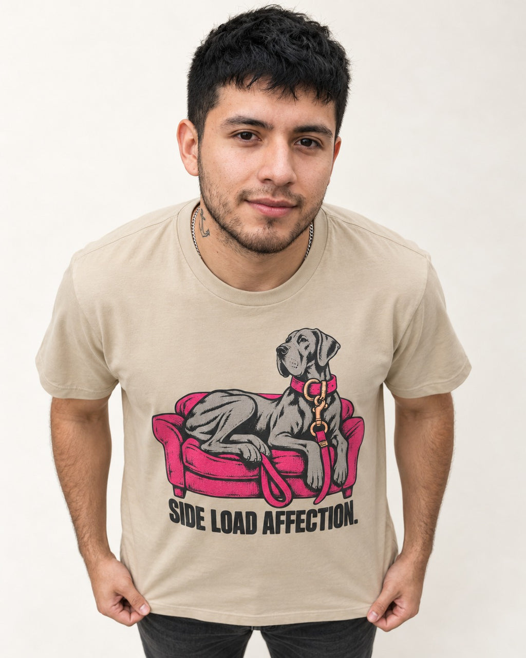Great Dane Side Load Affection T-Shirt in Sand, worn by a model