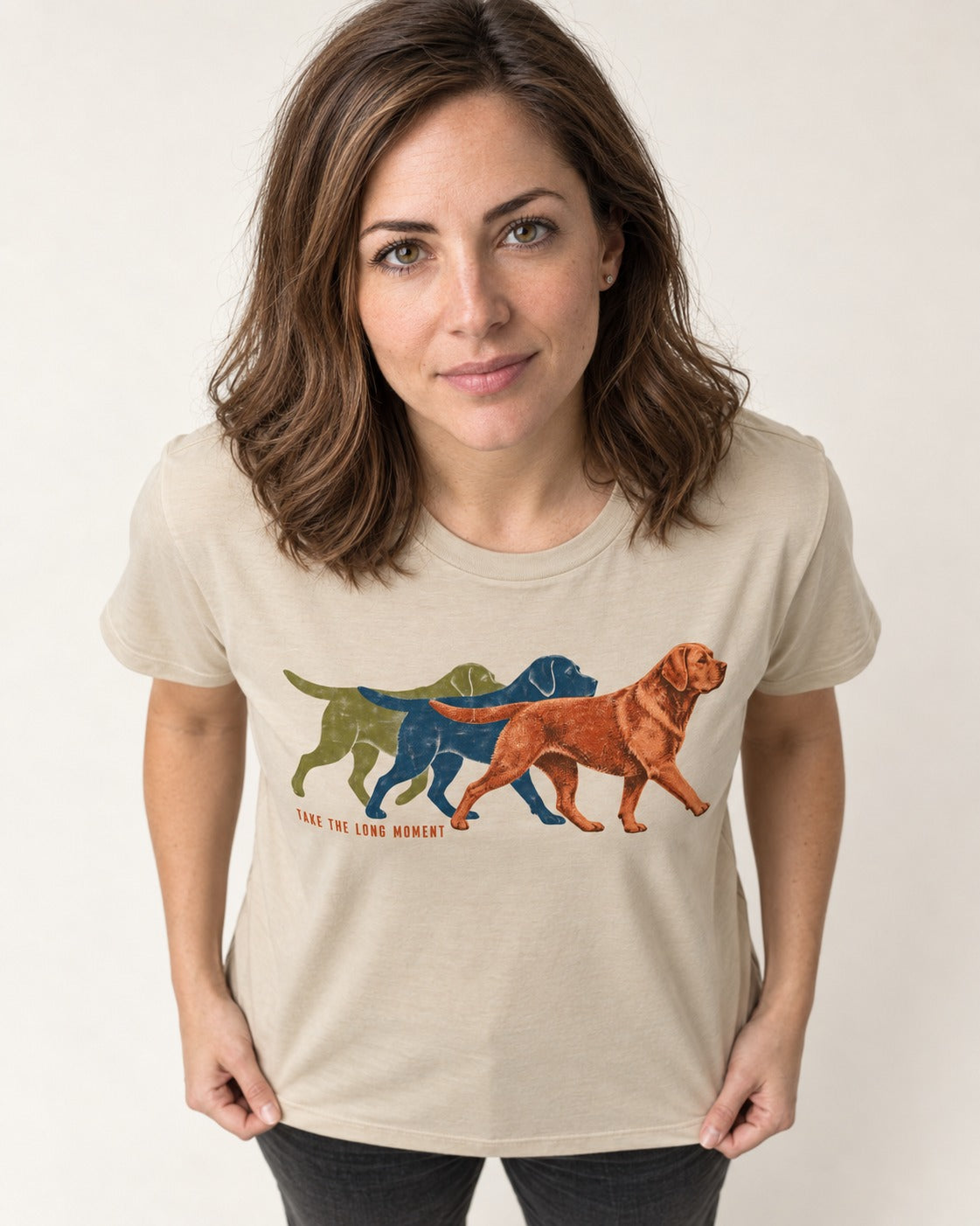 Take the Long Moment Labrador Retriever T-Shirt in Sand, worn by a model
