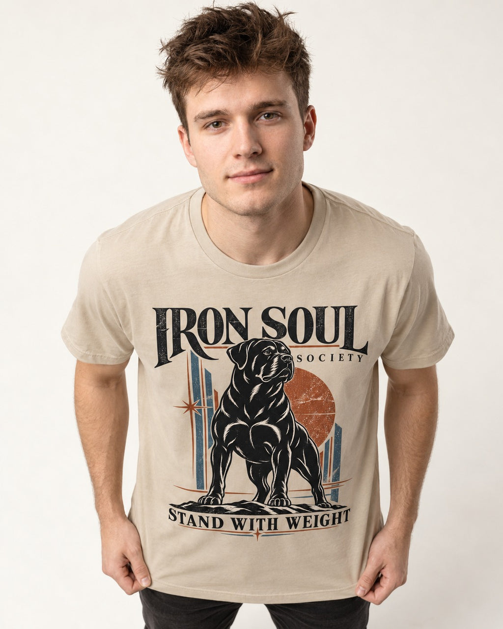 Rottweiler Iron Soul Society T-Shirt in Sand, worn by a model