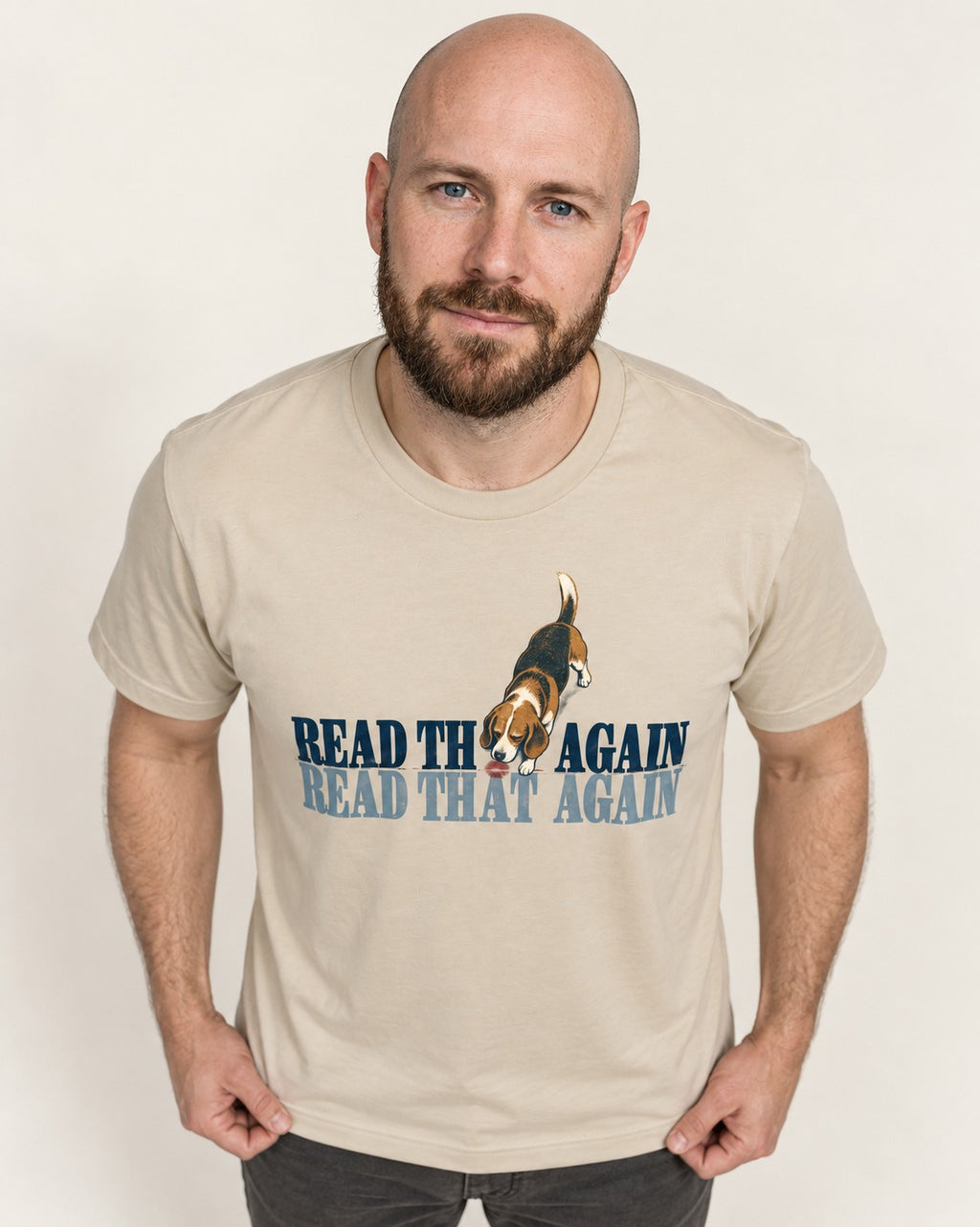 Read That Again Beagle T-Shirt in Sand, worn by a model