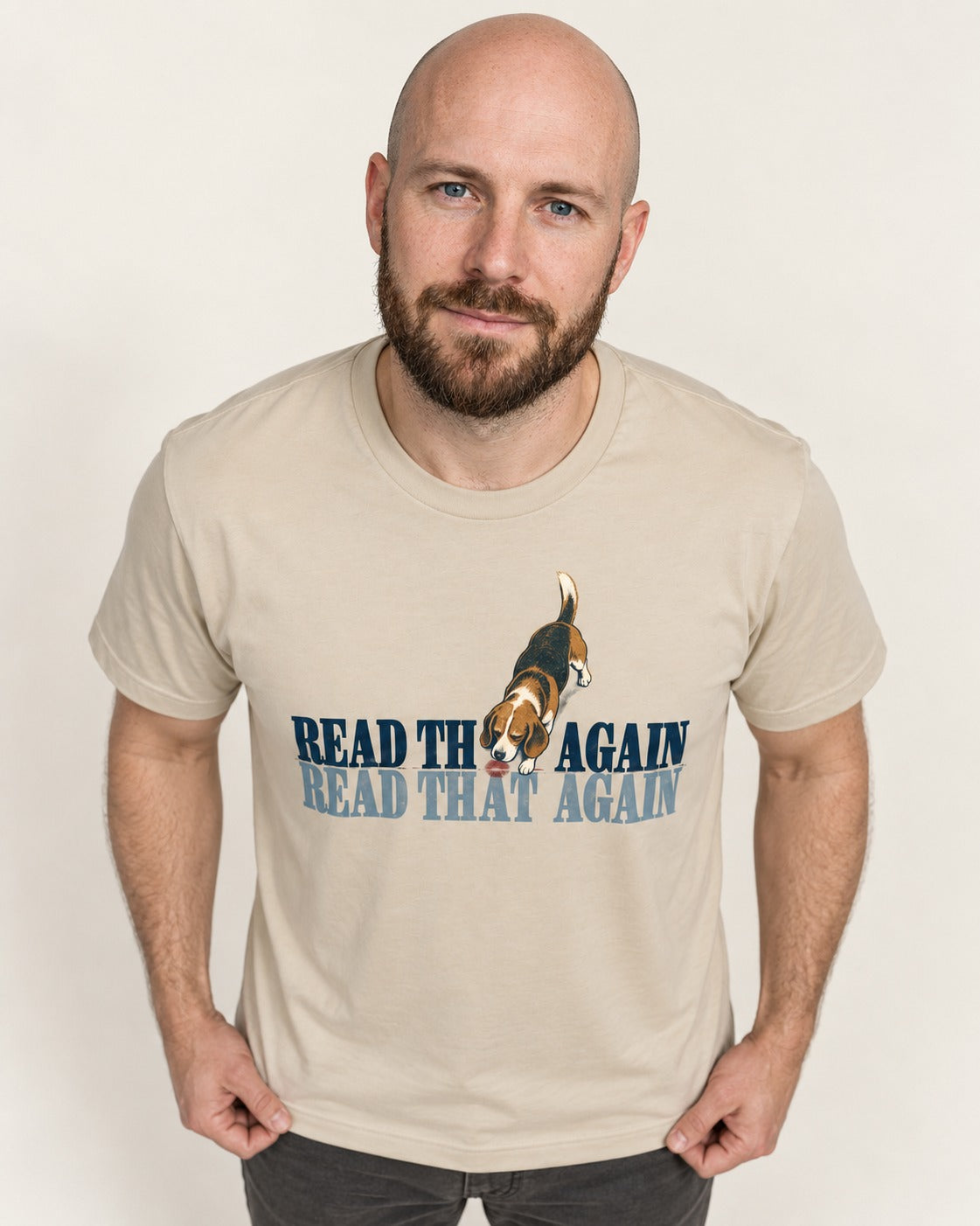 Read That Again Beagle T-Shirt in Sand, worn by a model