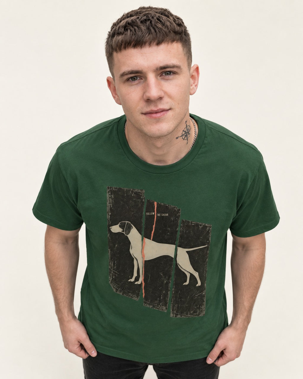 German Shorthaired Pointer Follow The Shear Split Panel Graphic T-Shirt in Forest Green, worn by a model