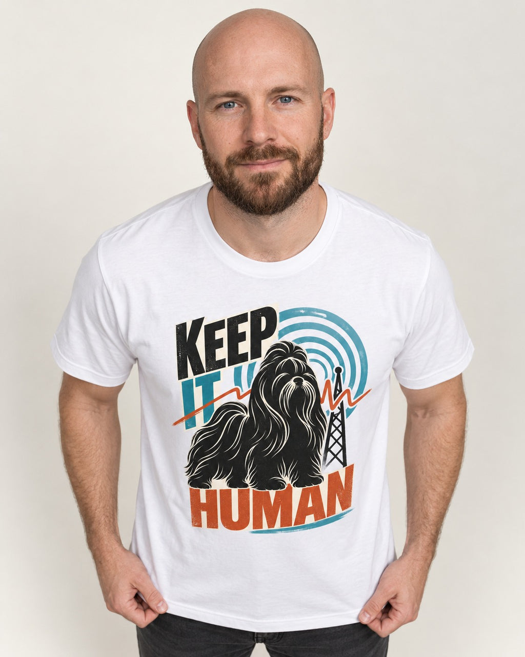 Shih Tzu Keep It Human Radio Signal Graphic T-Shirt in White, worn by a model