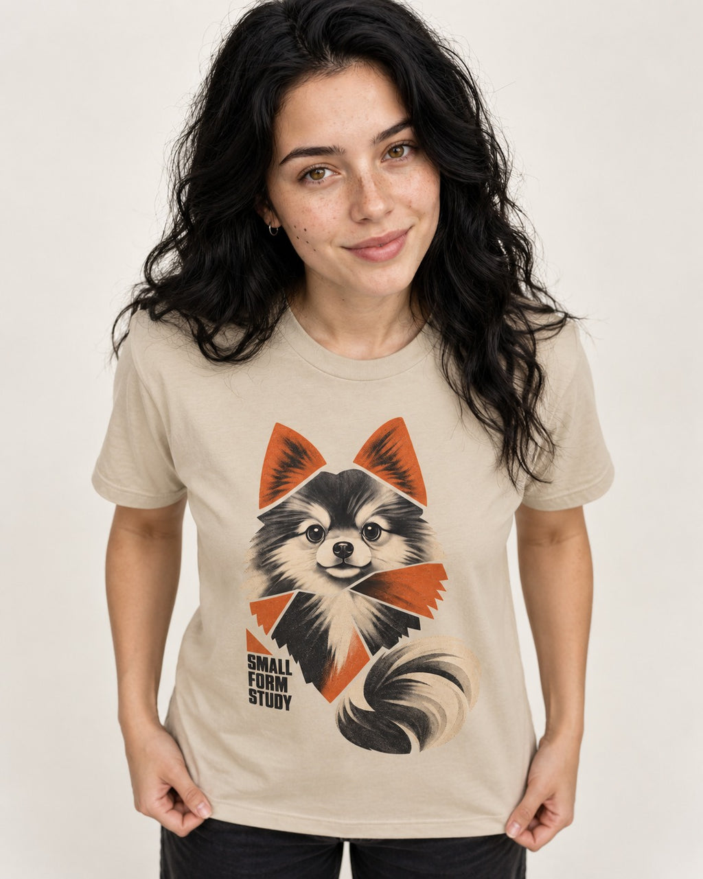 Pomeranian Small Form Study T-Shirt in Sand, worn by a model