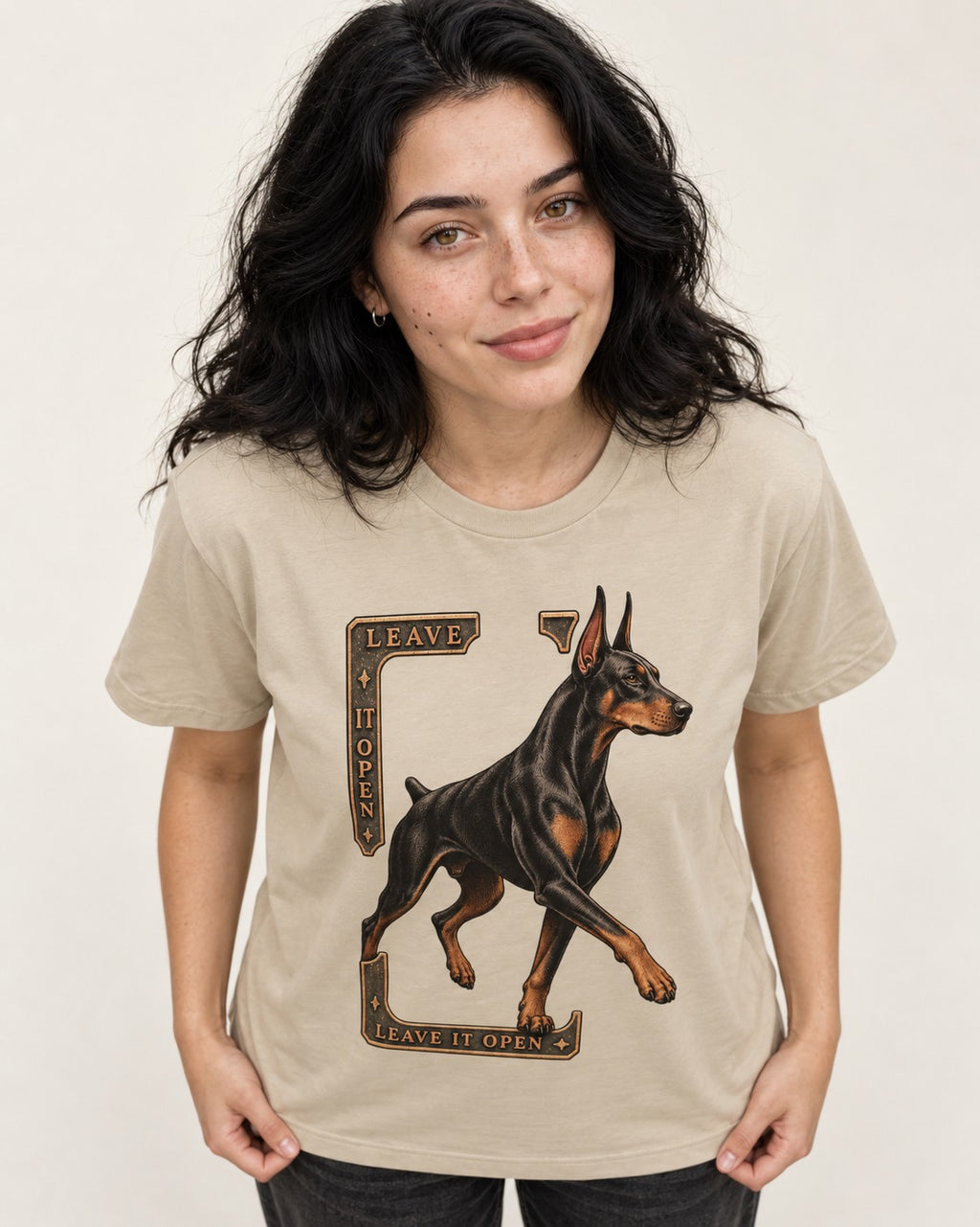 Leave It Open Doberman T-Shirt in Sand, worn by a model