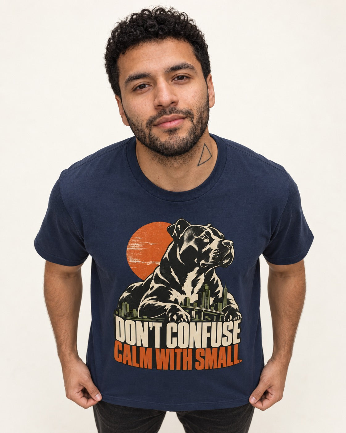 Pitbull Don't Confuse Calm with Small City Guardian Graphic T-Shirt in Navy, worn by a model