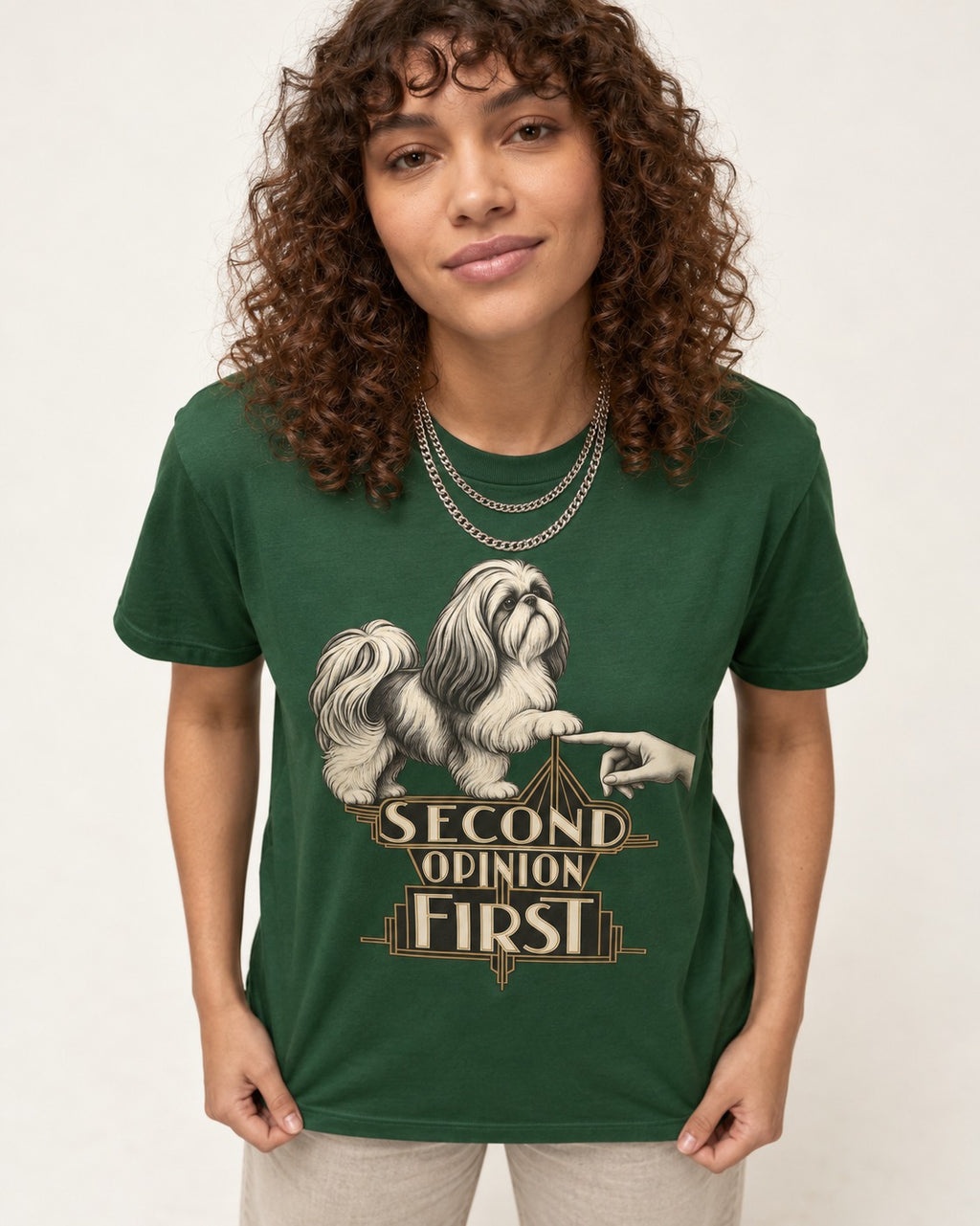 Shih Tzu Second Opinion First Art Deco Graphic T-Shirt in Forest Green, worn by a model