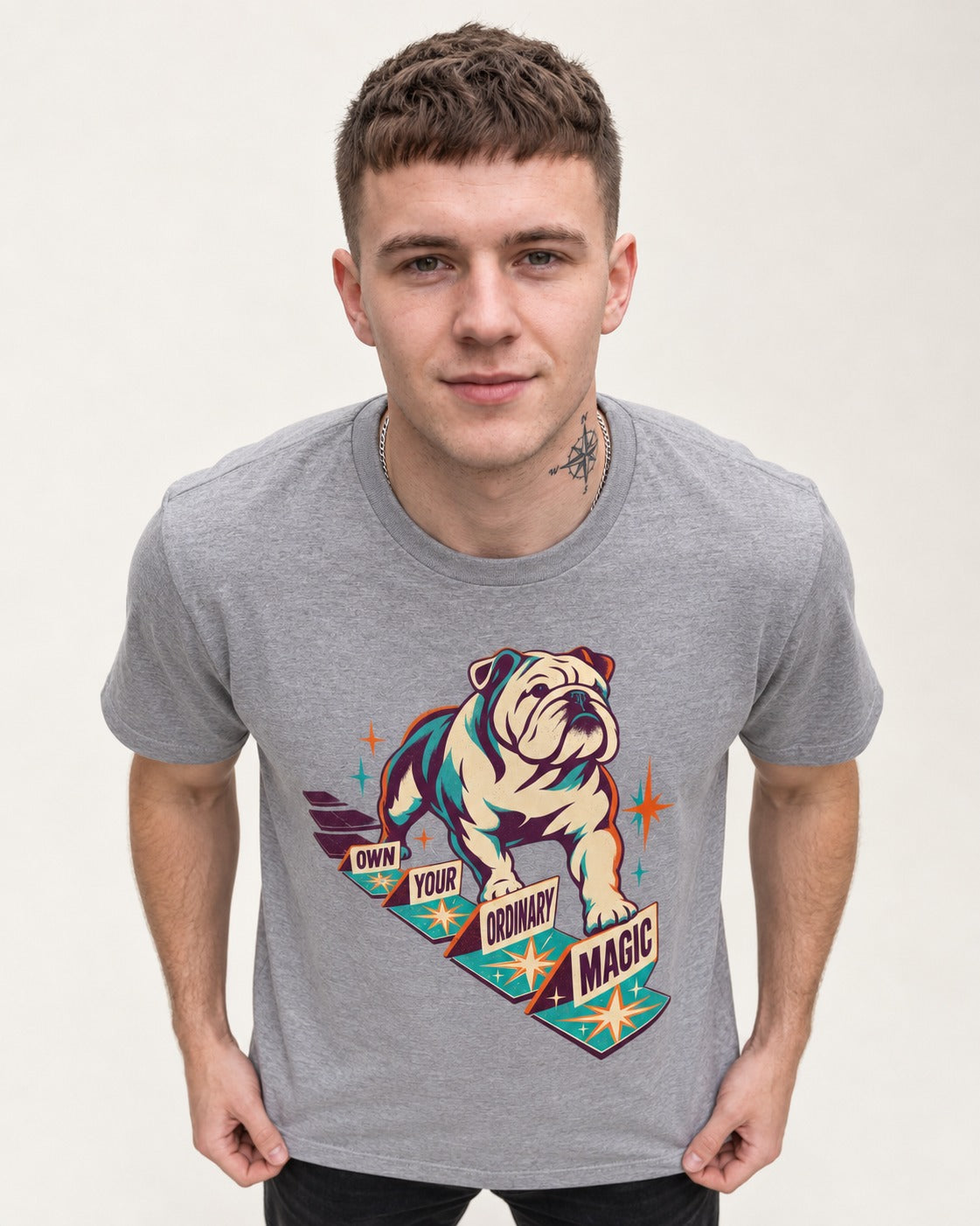 English Bulldog's Ordinary Magic T-Shirt in Sport Grey, worn by a model