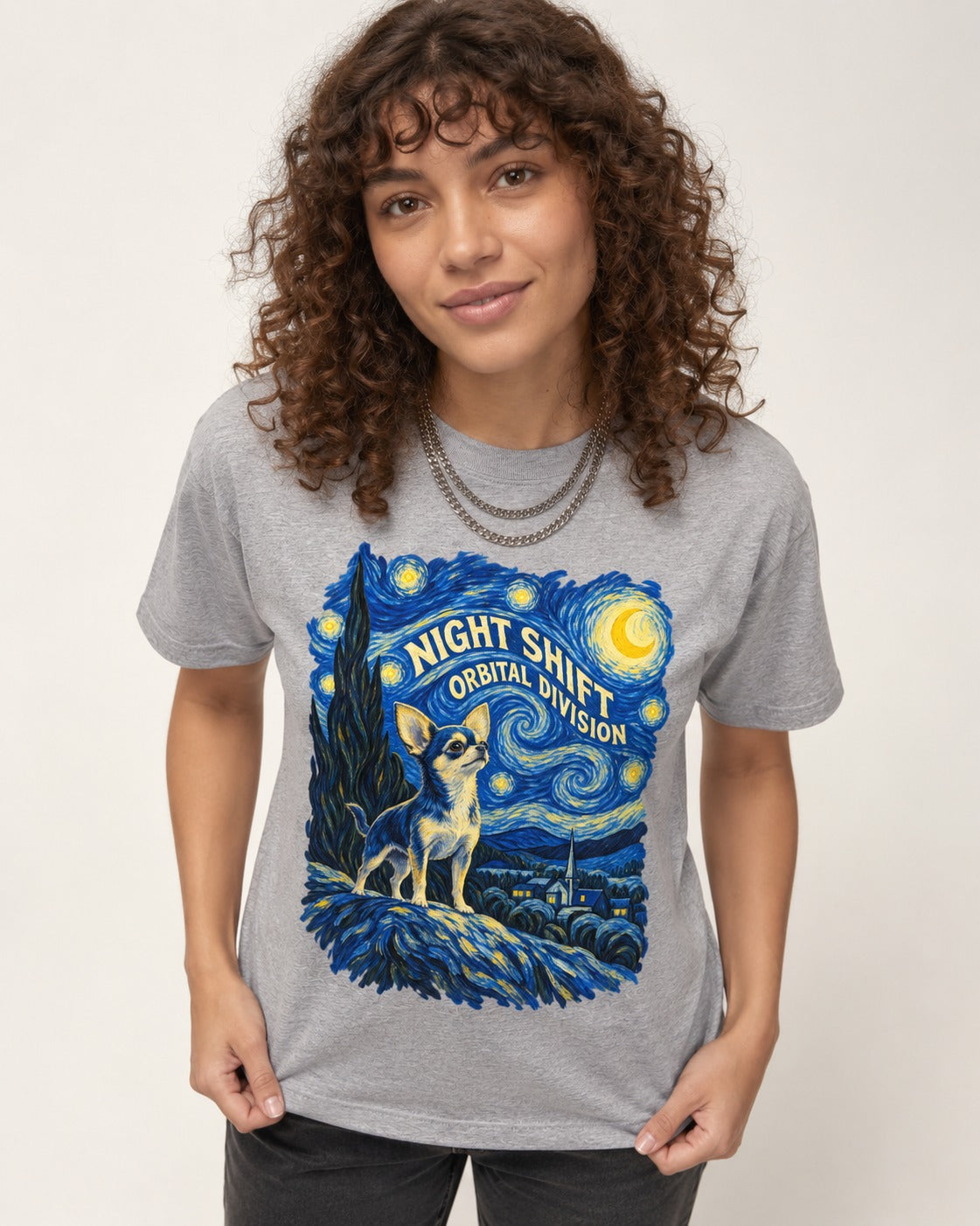 Chihuahua Night Shift Orbital Division Starry Night Graphic T-Shirt in Sport Grey, worn by a model