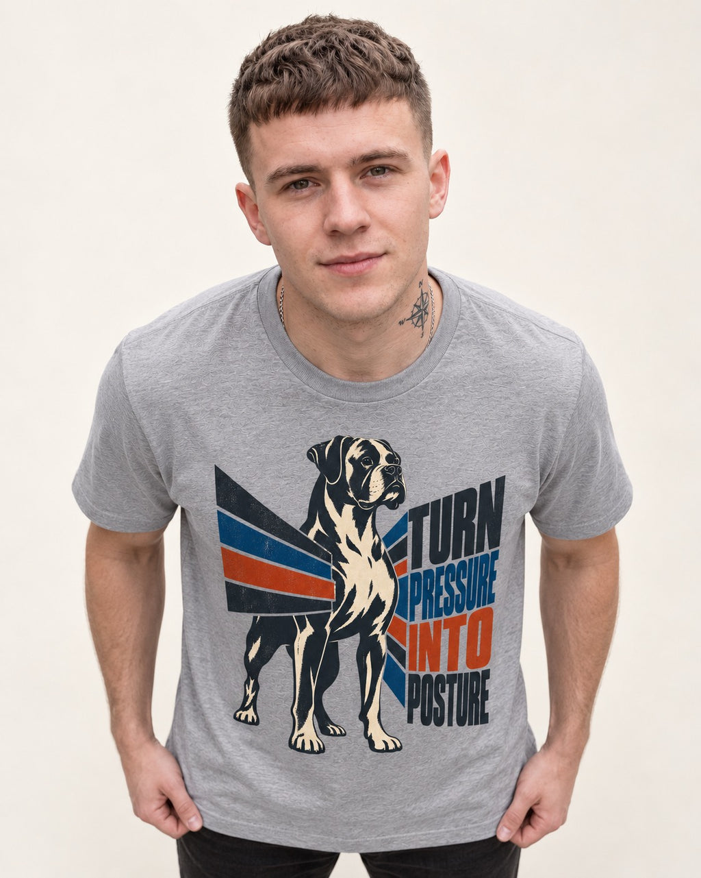 Boxer Turn Pressure Into Posture T-Shirt in Sport Grey, worn by a model