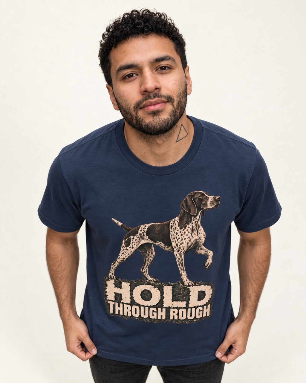 German Shorthaired Pointer Hold Through Rough Vintage Graphic T-Shirt in Navy, worn by a model
