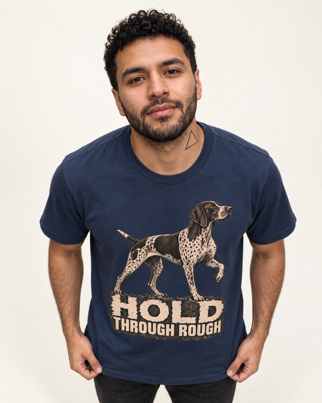 German Shorthaired Pointer Hold Through Rough Vintage Graphic T-Shirt in Navy, worn by a model