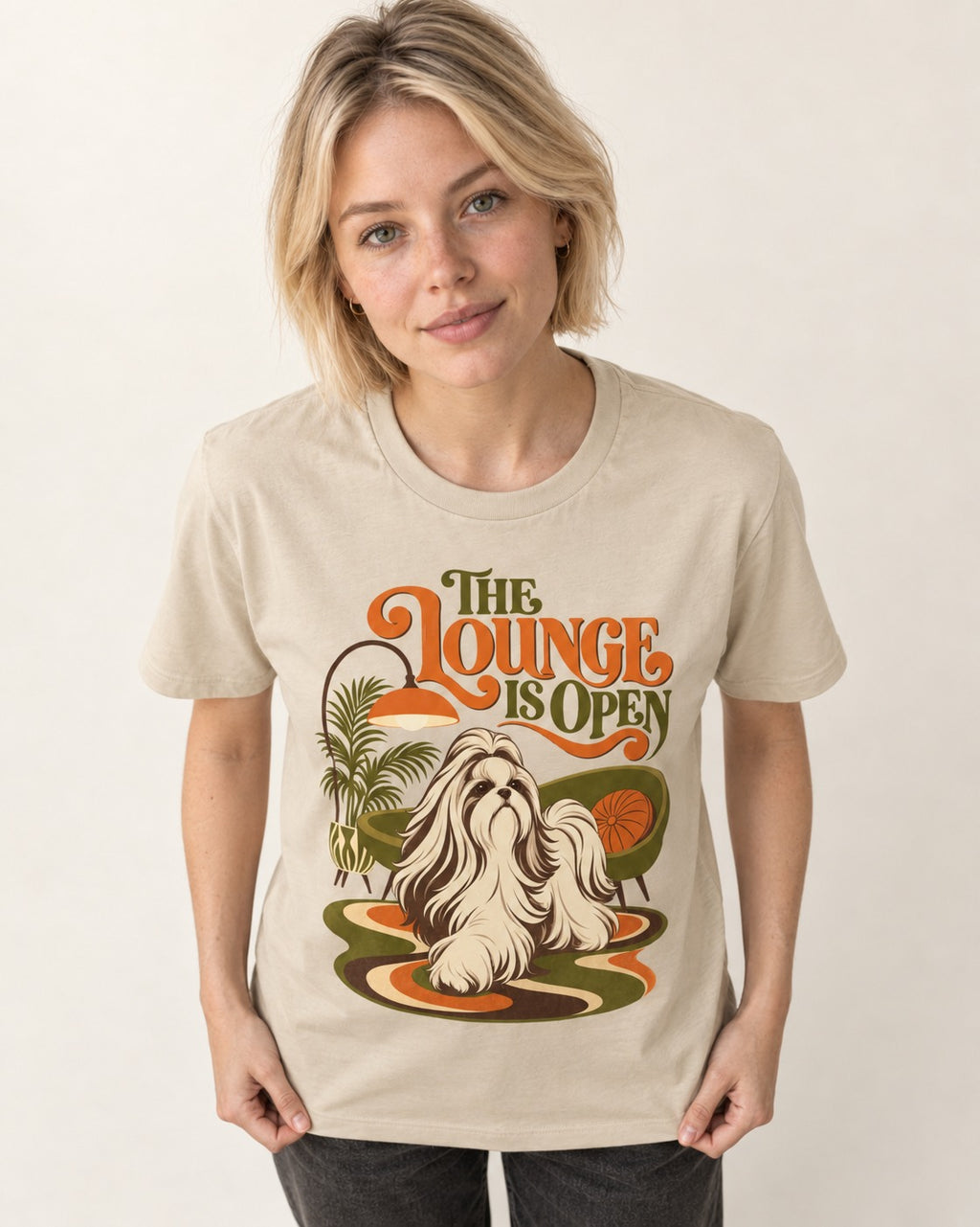 The Shih Tzu Lounge Is Open T-Shirt in Sand, worn by a model