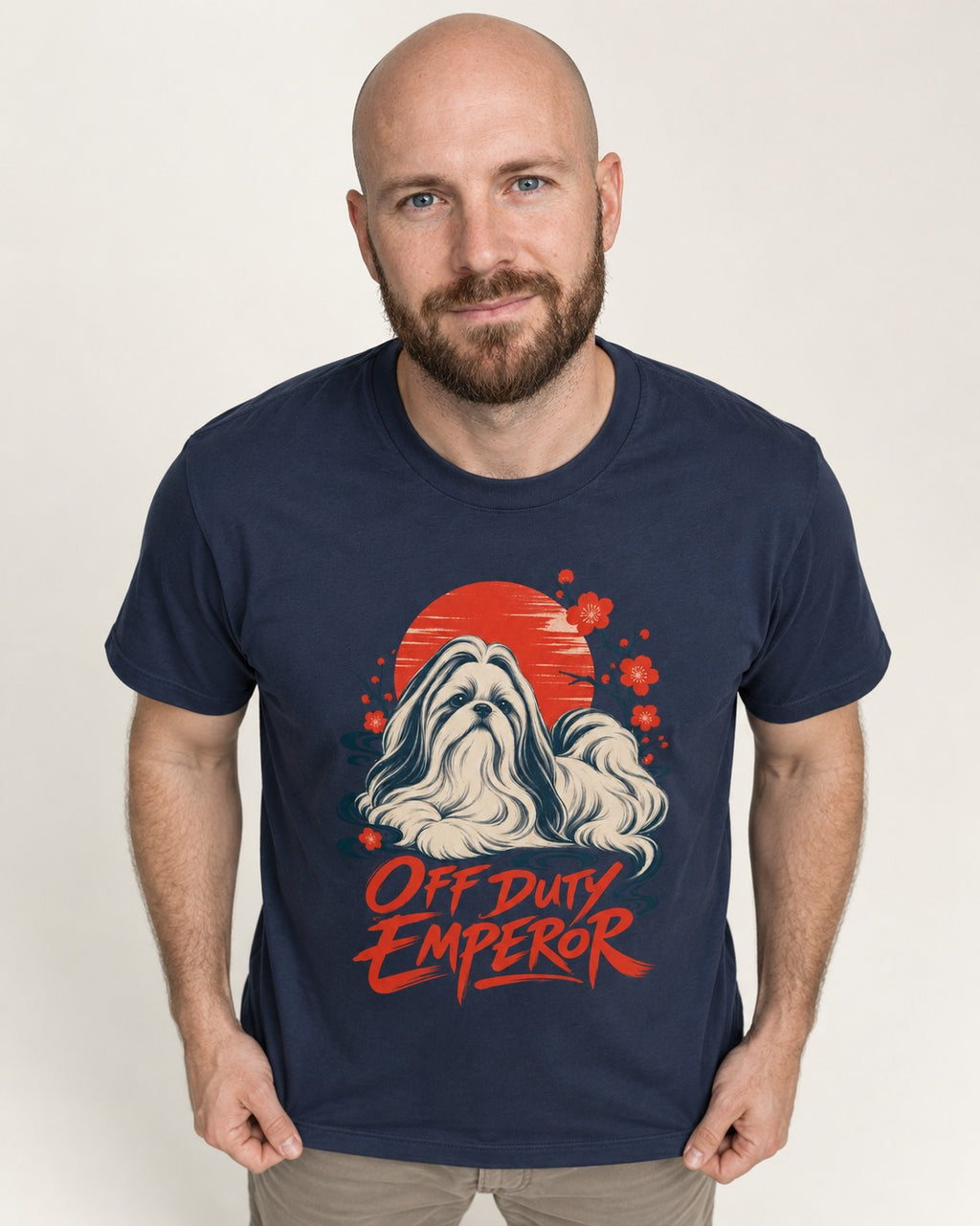 Shih Tzu Off Duty Emperor Sunset Blossom Graphic T-Shirt in Navy, worn by a model
